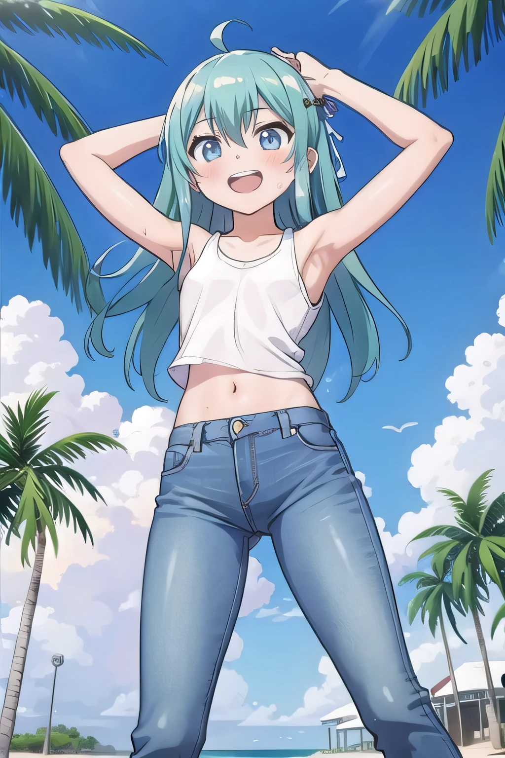 masterpiece,best quality,ultra detail, ((Perfect Face, Perfect Arms, Perfect hands, Perfect Fingers)), 1girl, , peti ((round face, ecstasy, orgasm face, drooping eyes, shame smiling, blush)), dropping eyes, sleepy, Open mouth, ((White teeth)), background((under the beach, (day:1.2), palm tree, bright sky)), miku hatsune, ahoge, aqua eyes, aqua hair, crossed bangs, hair between eyes, hair ornament, (long hair:1.4), ((arms behind head, hands behind head, fingers behind head)), ((contrapposto)), spread armpits, looking at viewer,, (white tank top:1.2), (white crop top:1.2), (jeans pants:1.2, flares jeans:1.2, skinny jeans:1.2, blue jeans:1.2), standing, (legs spread:1.4), sex pose, Sweaty crotch, Steam from the crotch, from below, whole body