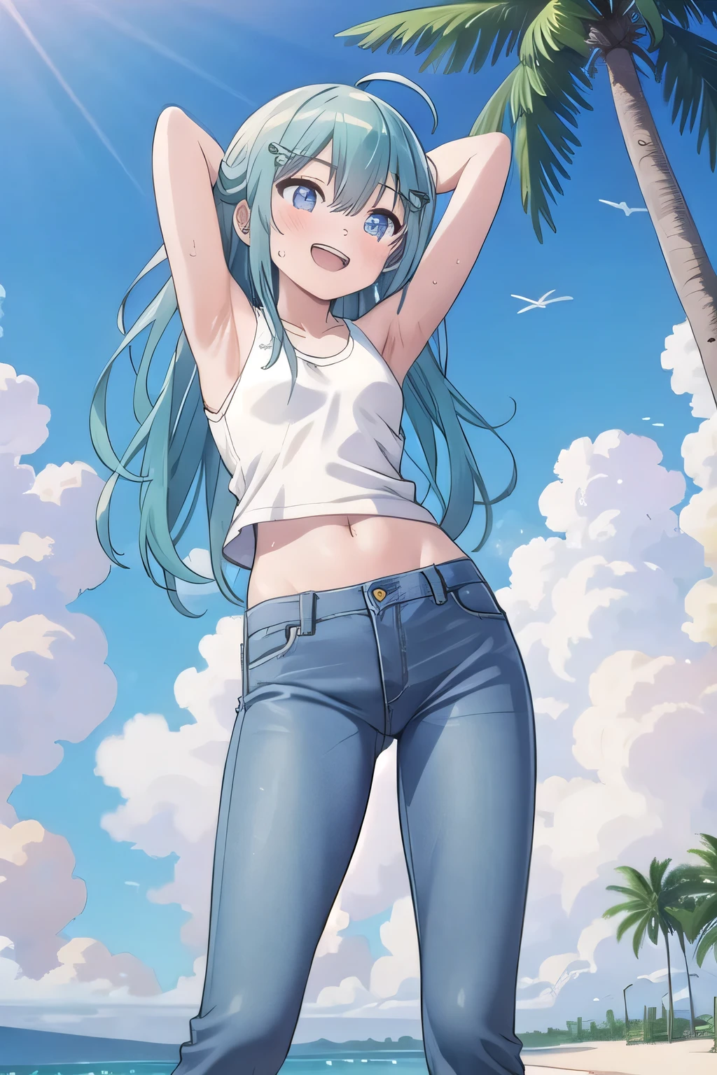 masterpiece,best quality,ultra detail, ((Perfect Face, Perfect Arms, Perfect hands, Perfect Fingers)), 1girl, , peti ((round face, ecstasy, orgasm face, drooping eyes, shame smiling, blush)), dropping eyes, sleepy, Open mouth, ((White teeth)), background((under the beach, (day:1.2), palm tree, bright sky)), miku hatsune, ahoge, aqua eyes, aqua hair, crossed bangs, hair between eyes, hair ornament, (long hair:1.4), ((arms behind head, hands behind head, fingers behind head)), ((contrapposto)), spread armpits, looking at viewer,, (white tank top:1.2), (white crop top:1.2), (jeans pants:1.2, flares jeans:1.2, skinny jeans:1.2, blue jeans:1.2), standing, (legs spread:1.4), sex pose, Sweaty crotch, Steam from the crotch, from below, whole body