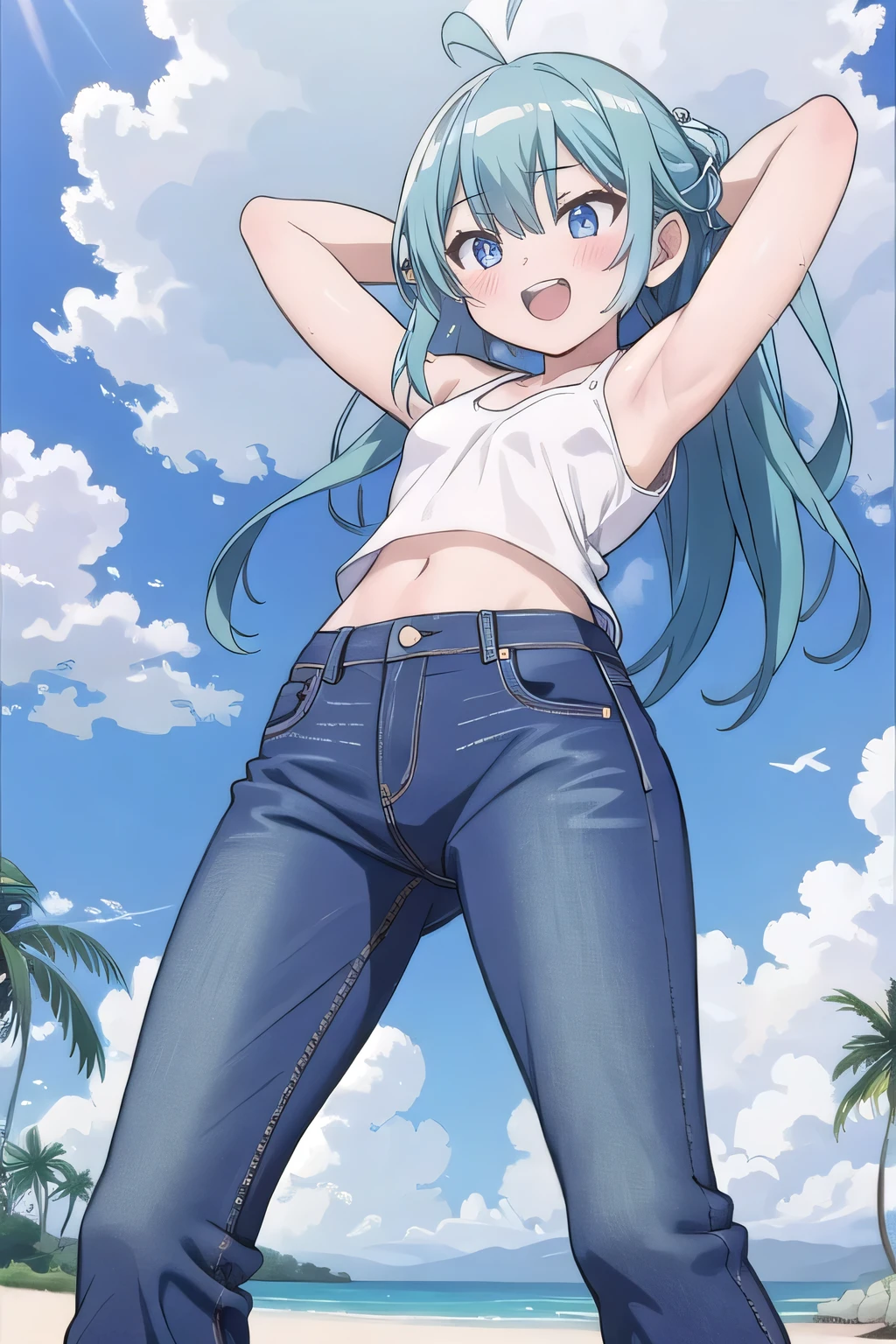 masterpiece,best quality,ultra detail, ((Perfect Face, Perfect Arms, Perfect hands, Perfect Fingers)), 1girl, , peti ((round face, ecstasy, orgasm face, drooping eyes, shame smiling, blush)), dropping eyes, sleepy, Open mouth, ((White teeth)), background((under the beach, (day:1.2), palm tree, bright sky)), miku hatsune, ahoge, aqua eyes, aqua hair, crossed bangs, hair between eyes, hair ornament, (long hair:1.4), ((arms behind head, hands behind head, fingers behind head)), ((contrapposto)), spread armpits, looking at viewer,, (white tank top:1.2), (white crop top:1.2), (jeans pants:1.2, flares jeans:1.2, skinny jeans:1.2, blue jeans:1.2), standing, (legs spread:1.4), sex pose, Sweaty crotch, Steam from the crotch, from below, whole body