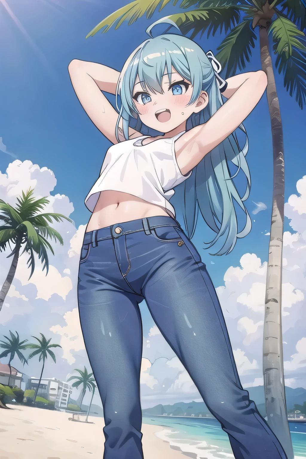 masterpiece,best quality,ultra detail, ((Perfect Face, Perfect Arms, Perfect hands, Perfect Fingers)), 1girl, , peti ((round face, ecstasy, orgasm face, drooping eyes, shame smiling, blush)), dropping eyes, sleepy, Open mouth, ((White teeth)), background((under the beach, (day:1.2), palm tree, bright sky)), miku hatsune, ahoge, aqua eyes, aqua hair, crossed bangs, hair between eyes, hair ornament, (long hair:1.4), ((arms behind head, hands behind head, fingers behind head)), ((contrapposto)), spread armpits, looking at viewer,, (white tank top:1.2), (white crop top:1.2), (jeans pants:1.2, flares jeans:1.2, skinny jeans:1.2, blue jeans:1.2), standing, (legs spread:1.4), sex pose, Sweaty crotch, Steam from the crotch, from below, whole body