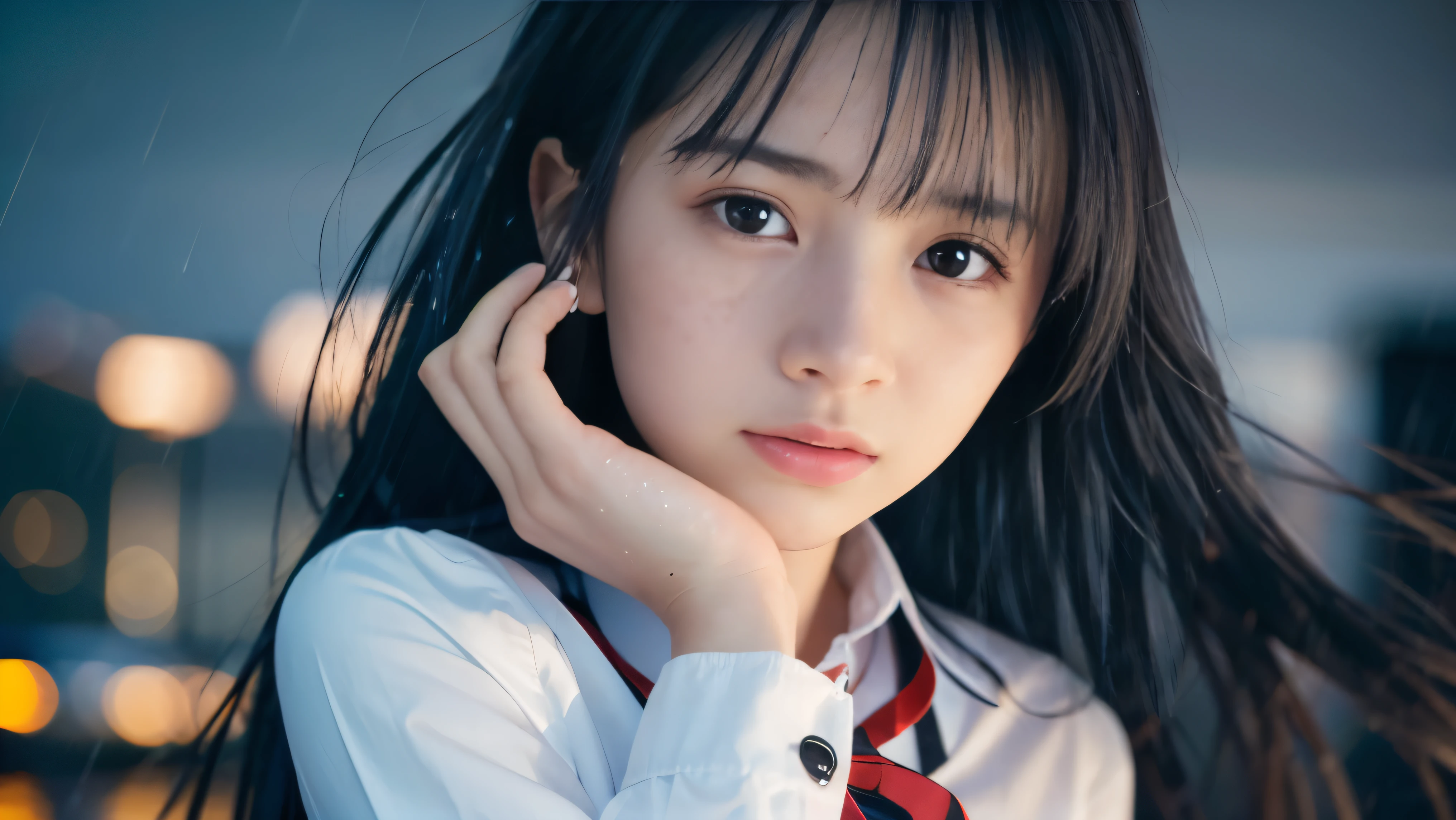 Classic black and white sailor suit,Summer clothes,Cold look,Cold Stare,Black Hair,,Tie your hair short,Silky white skin,best Realistic depiction,(Very detailed美しい顔), Great face and eyes, (highest quality:1.4), (Very detailed), (Very detailed CG 統合 8k 壁紙), Very detailed, High-resolution RAW color photos, Professional photography, Realistic portrait,
(Detailed RAW photos of the girl's whole body), Canon EOS R5 250mm, Sharp focus, Cinema Lighting, (No makeup:1.4), Fine skin, Fine texture of the collarbone,The detailed texture of the sailor suit,Very Realistic sailor uniform texture,(Ultra-high resolution:1.6), (Realistic:1.6), Realistic glowing skin, (sweating:1.4)、bra and panties under dress、belly button、embarrassed、blush、underboob