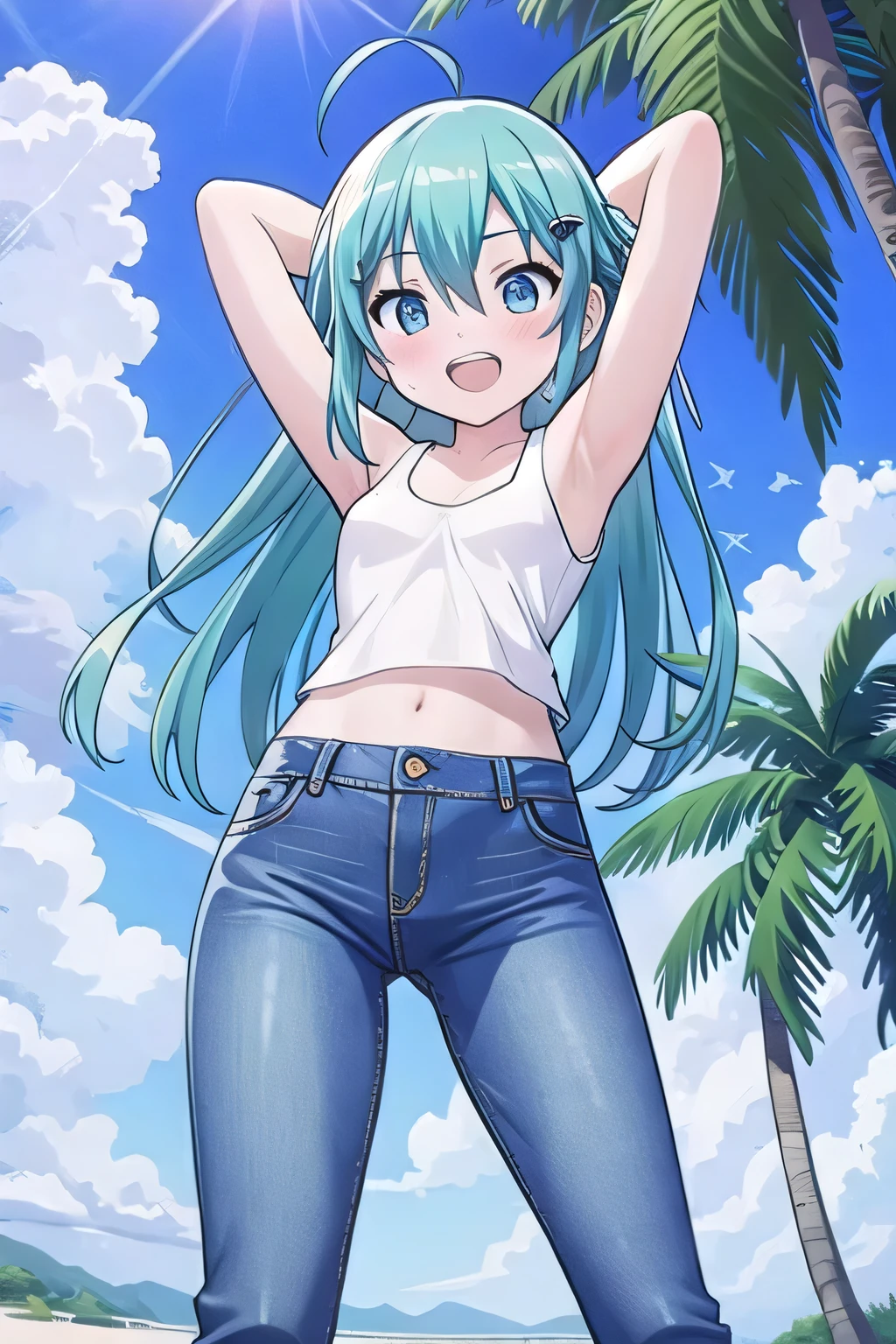 masterpiece,best quality,ultra detail, ((Perfect Face, Perfect Arms, Perfect hands, Perfect Fingers)), 1girl, , peti ((round face, ecstasy, orgasm face, drooping eyes, shame smiling, blush)), dropping eyes, sleepy, Open mouth, ((White teeth)), background((under the beach, (day:1.2), palm tree, bright sky)), miku hatsune, ahoge, aqua eyes, aqua hair, crossed bangs, hair between eyes, hair ornament, (long hair:1.4), ((arms behind head, hands behind head, fingers behind head)), ((contrapposto)), spread armpits, looking at viewer,, (white tank top:1.2), (white crop top:1.2), (jeans pants:1.2, flares jeans:1.2, skinny jeans:1.2, blue jeans:1.2), standing, (legs spread:1.4), sex pose, Sweaty crotch, Steam from the crotch, from below, whole body