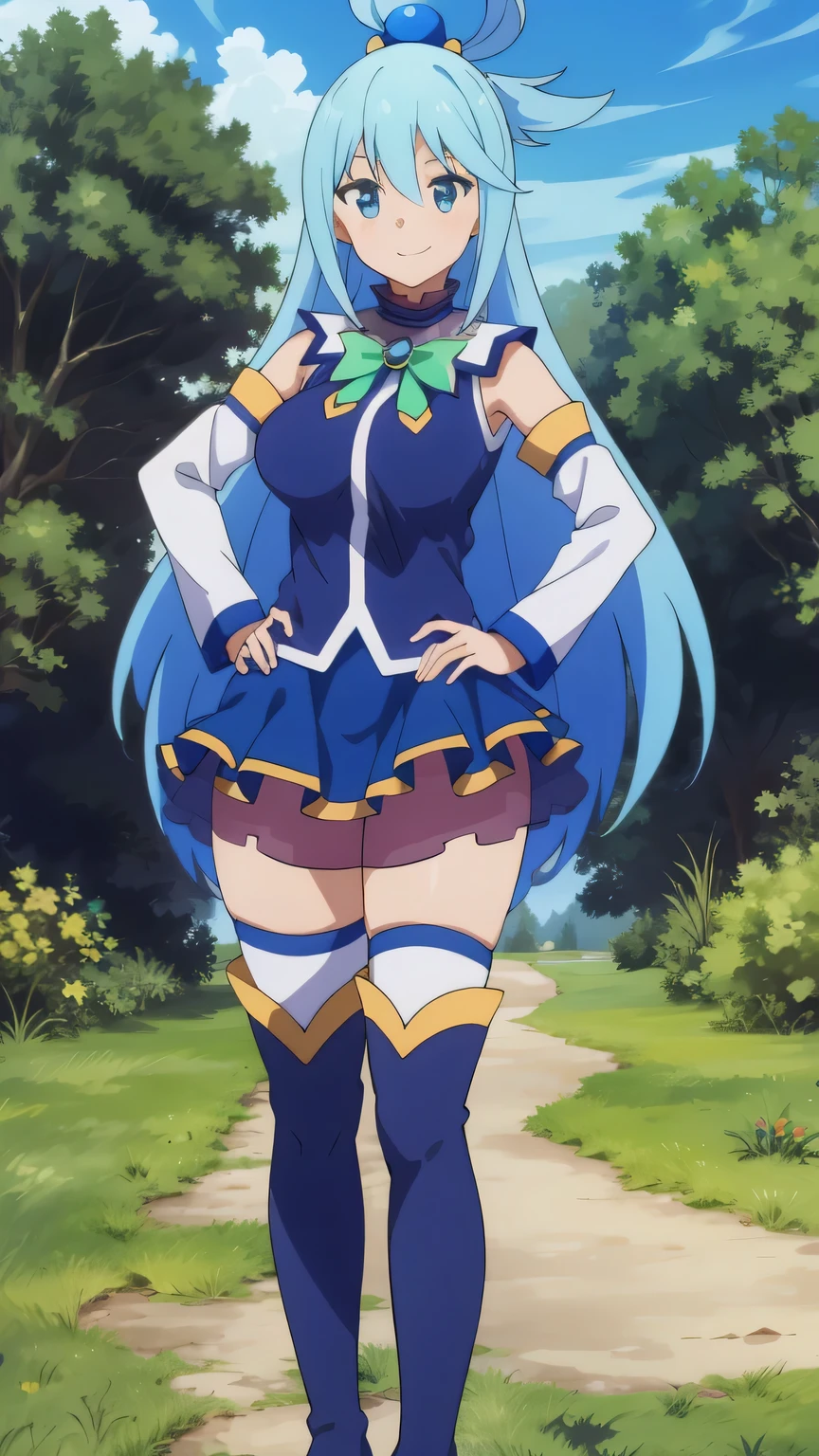 Aqua,konosuba,full body,standing,blue hair,light blue eyes,exposed belly,big thighs,long legs,blue hair,lace background,on a lace,nature background,big ,sort skirt,skirt,aqua,hands on hips