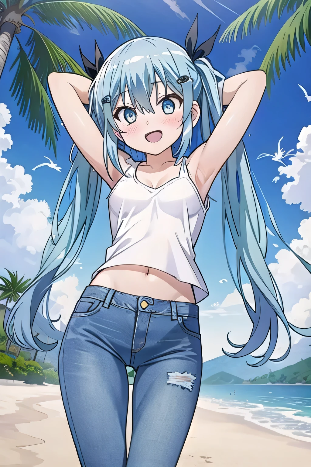 masterpiece,best quality,ultra detail, ((Perfect Face, Perfect Arms, Perfect hands, Perfect Fingers)), 1girl, , peti ((round face, ecstasy, orgasm face, drooping eyes, shame smiling, blush)), dropping eyes, sleepy, Open mouth, ((White teeth)), background((under the beach, (day:1.2), palm tree, bright sky)), miku hatsune, ahoge, aqua eyes, aqua hair, crossed bangs, hair between eyes, hair ornament, (long hair:1.4), ((arms behind head, hands behind head, fingers behind head)), ((contrapposto)), spread armpits, looking at viewer,, (white tank top:1.2), (white crop top:1.2), (jeans pants:1.2, flares jeans:1.2, skinny jeans:1.2, blue jeans:1.2), standing, (legs spread:1.4), sex pose, Sweaty crotch, Steam from the crotch, from below, whole body
