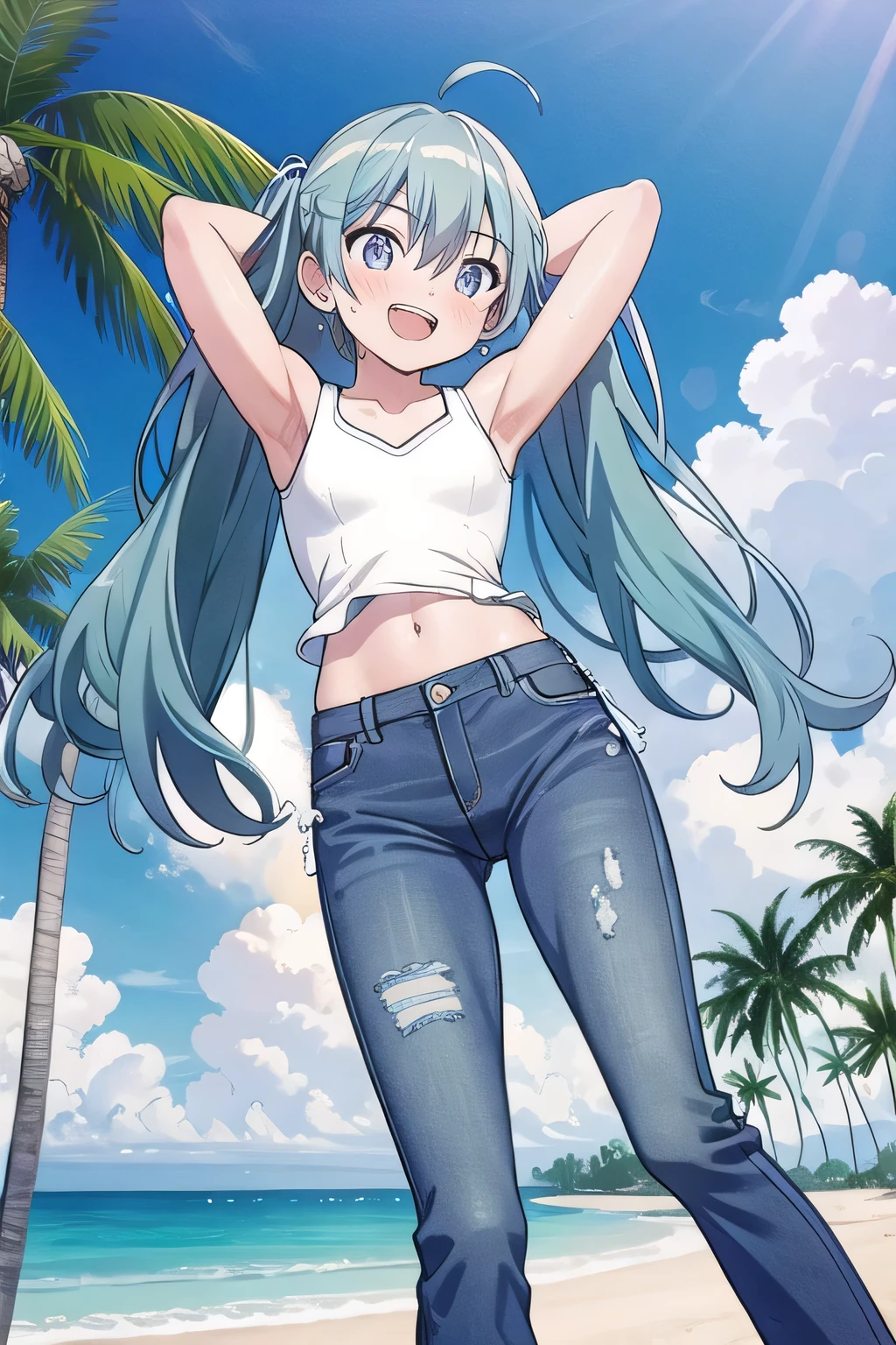 masterpiece,best quality,ultra detail, ((Perfect Face, Perfect Arms, Perfect hands, Perfect Fingers)), 1girl, , petite, ((round face, ecstasy, orgasm face, drooping eyes, shame smiling, blush)), dropping eyes, sleepy, Open mouth, ((White teeth)), background((under the beach, (day:1.2), palm tree, bright sky)), miku hatsune, ahoge, aqua eyes, aqua hair, crossed bangs, hair between eyes, hair ornament, (long hair:1.4), ((arms behind head, hands behind head, fingers behind head)), ((contrapposto)), spread armpits, looking at viewer,, (white tank top:1.2), (white crop top:1.2), (jeans pants:1.2, flares jeans:1.2, skinny jeans:1.2, blue jeans:1.2), standing, (legs spread:1.4), sex pose, Sweaty crotch, Steam from the crotch, from below, whole body