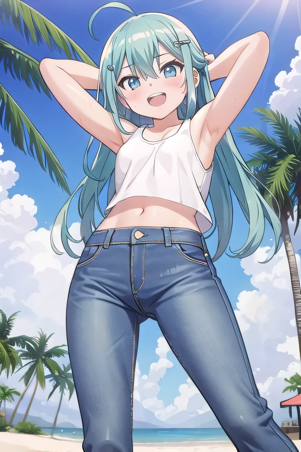 masterpiece,best quality,ultra detail, ((Perfect Face, Perfect Arms, Perfect hands, Perfect Fingers)), 1girl, , peti ((round face, ecstasy, orgasm face, drooping eyes, shame smiling, blush)), dropping eyes, sleepy, Open mouth, ((White teeth)), background((under the beach, (day:1.2), palm tree, bright sky)), miku hatsune, ahoge, aqua eyes, aqua hair, crossed bangs, hair between eyes, hair ornament, (long hair:1.4), ((arms behind head, hands behind head, fingers behind head)), ((contrapposto)), spread armpits, looking at viewer,, (white tank top:1.2), (white crop top:1.2), (jeans pants:1.2, flares jeans:1.2, skinny jeans:1.2, blue jeans:1.2), standing, (legs spread:1.4), sex pose, Sweaty crotch, Steam from the crotch, from below, whole body