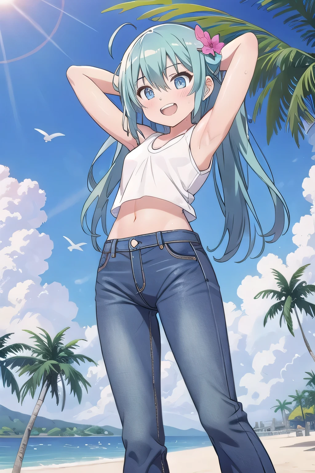 masterpiece,best quality,ultra detail, ((Perfect Face, Perfect Arms, Perfect hands, Perfect Fingers)), 1girl, , peti ((round face, ecstasy, orgasm face, drooping eyes, shame smiling, blush)), dropping eyes, sleepy, Open mouth, ((White teeth)), background((under the beach, (day:1.2), palm tree, bright sky)), miku hatsune, ahoge, aqua eyes, aqua hair, crossed bangs, hair between eyes, hair ornament, (long hair:1.4), ((arms behind head, hands behind head, fingers behind head)), ((contrapposto)), spread armpits, looking at viewer,, (white tank top:1.2), (white crop top:1.2), (jeans pants:1.2, flares jeans:1.2, skinny jeans:1.2, blue jeans:1.2), standing, (legs spread:1.4), sex pose, Sweaty crotch, Steam from the crotch, from below, whole body