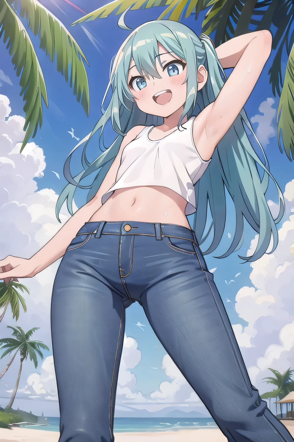 masterpiece,best quality,ultra detail, ((Perfect Face, Perfect Arms, Perfect hands, Perfect Fingers)), 1girl, , petite, ((round face, ecstasy, orgasm face, drooping eyes, shame smiling, blush)), dropping eyes, sleepy, Open mouth, ((White teeth)), background((under the beach, (day:1.2), palm tree, bright sky)), miku hatsune, ahoge, aqua eyes, aqua hair, crossed bangs, hair between eyes, hair ornament, (long hair:1.4), ((arms behind head, hands behind head, fingers behind head)), ((contrapposto)), spread armpits, looking at viewer,, (white tank top:1.2), (white crop top:1.2), (jeans pants:1.2, flares jeans:1.2, skinny jeans:1.2, blue jeans:1.2), standing, (legs spread:1.4), sex pose, Sweaty crotch, Steam from the crotch, from below, whole body