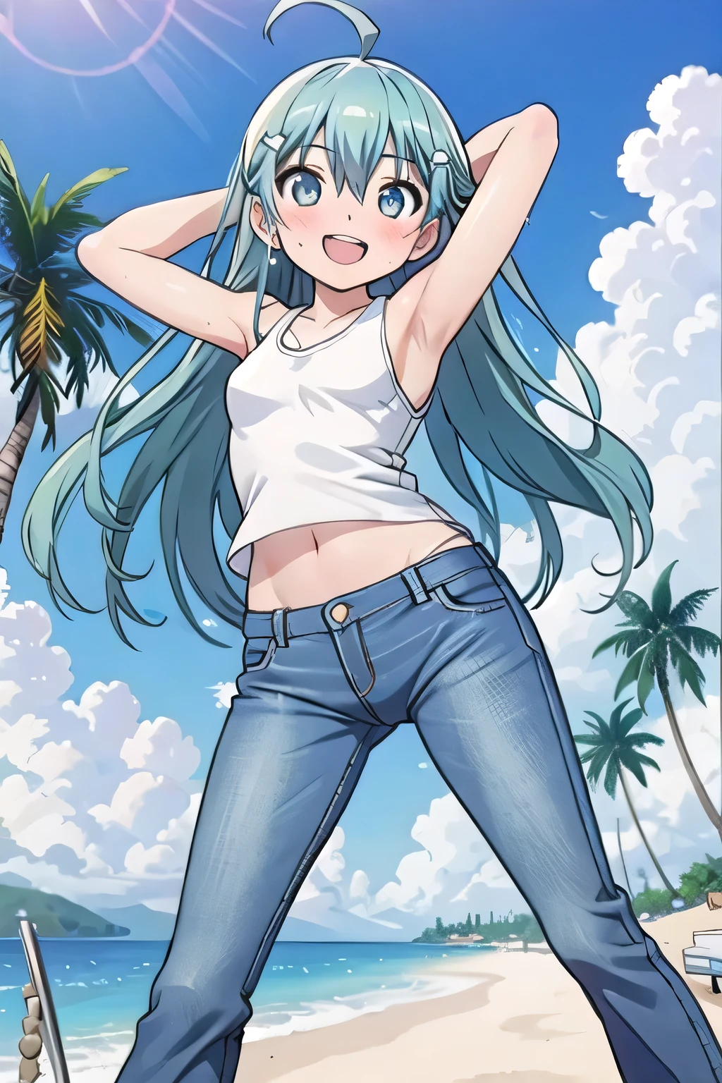 masterpiece,best quality,ultra detail, ((Perfect Face, Perfect Arms, Perfect hands, Perfect Fingers)), 1girl, , petite, ((round face, ecstasy, orgasm face, drooping eyes, shame smiling, blush)), dropping eyes, sleepy, Open mouth, ((White teeth)), background((under the beach, (day:1.2), palm tree, bright sky)), miku hatsune, ahoge, aqua eyes, aqua hair, crossed bangs, hair between eyes, hair ornament, (long hair:1.4), ((arms behind head, hands behind head, fingers behind head)), ((contrapposto)), spread armpits, looking at viewer,, (white tank top:1.2), (white crop top:1.2), (jeans pants:1.2, flares jeans:1.2, skinny jeans:1.2, blue jeans:1.2), standing, (legs spread:1.4), sex pose, Sweaty crotch, Steam from the crotch, from below, whole body