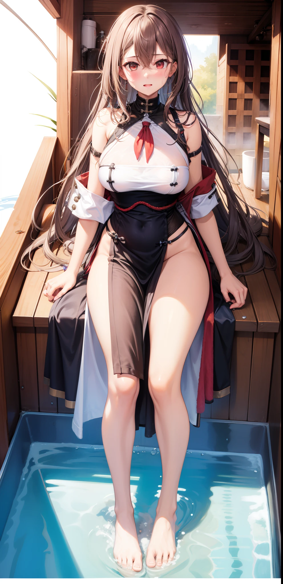 (((masterpiece,high resolution,best quality))), 1girl, solo,wine bottle,bare legs, large breasts, lying, on back, petals, looking at viewer, armpits, open mouth, solo, blush, wet clothes, heart, arms up, wet, bed sheet, origin, 1girl, red cape, boots, gloves, epaulettes, black corset, corset, black gloves, :d, black skirt