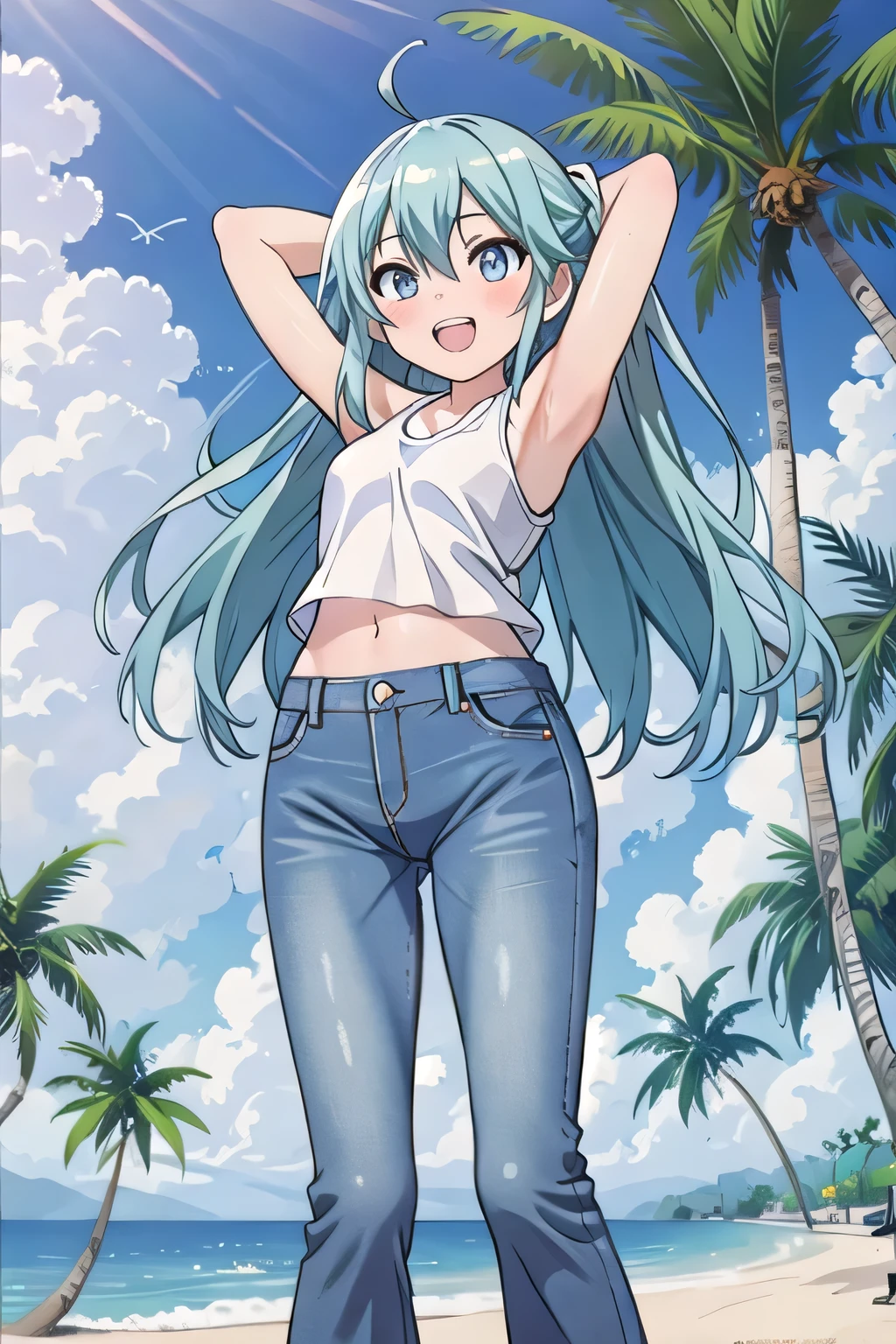 masterpiece,best quality,ultra detail, ((Perfect Face, Perfect Arms, Perfect hands, Perfect Fingers)), 1girl, , petite, ((round face, ecstasy, orgasm face, drooping eyes, shame smiling, blush)), dropping eyes, sleepy, Open mouth, ((White teeth)), background((under the beach, (day:1.2), palm tree, bright sky)), miku hatsune, ahoge, aqua eyes, aqua hair, crossed bangs, hair between eyes, hair ornament, (long hair:1.4), ((arms behind head, hands behind head, fingers behind head)), ((contrapposto)), spread armpits, looking at viewer,, (white tank top:1.2), (white crop top:1.2), (jeans pants:1.2, flares jeans:1.2, skinny jeans:1.2, blue jeans:1.2), standing, (legs spread:1.4), sex pose, Sweaty crotch, Steam from the crotch, from below, whole body