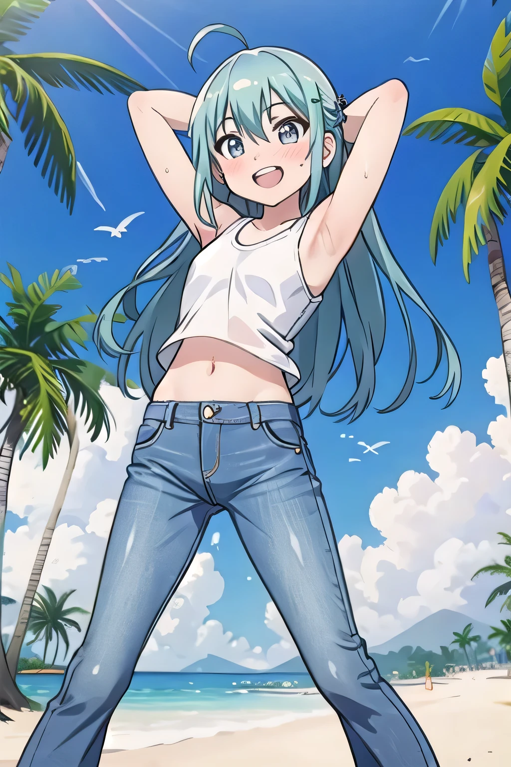 masterpiece,best quality,ultra detail, ((Perfect Face, Perfect Arms, Perfect hands, Perfect Fingers)), 1girl, 14yo, petite, ((round face, , , drooping eyes, shame smiling, blush)), dropping eyes, sleepy, Open mouth, ((White teeth)), background((under the beach, (day:1.2), palm tree, bright sky)), miku hatsune, ahoge, aqua eyes, aqua hair, crossed bangs, hair between eyes, hair ornament, (long hair:1.4), ((arms behind head, hands behind head, fingers behind head)), ((contrapposto)), spread armpits, looking at viewer,, (white tank top:1.2), (white crop top:1.2), (jeans pants:1.2, flares jeans:1.2, skinny jeans:1.2, blue jeans:1.2), standing, (legs spread:1.4),  pose, Sweaty , Steam from the , from below, whole body