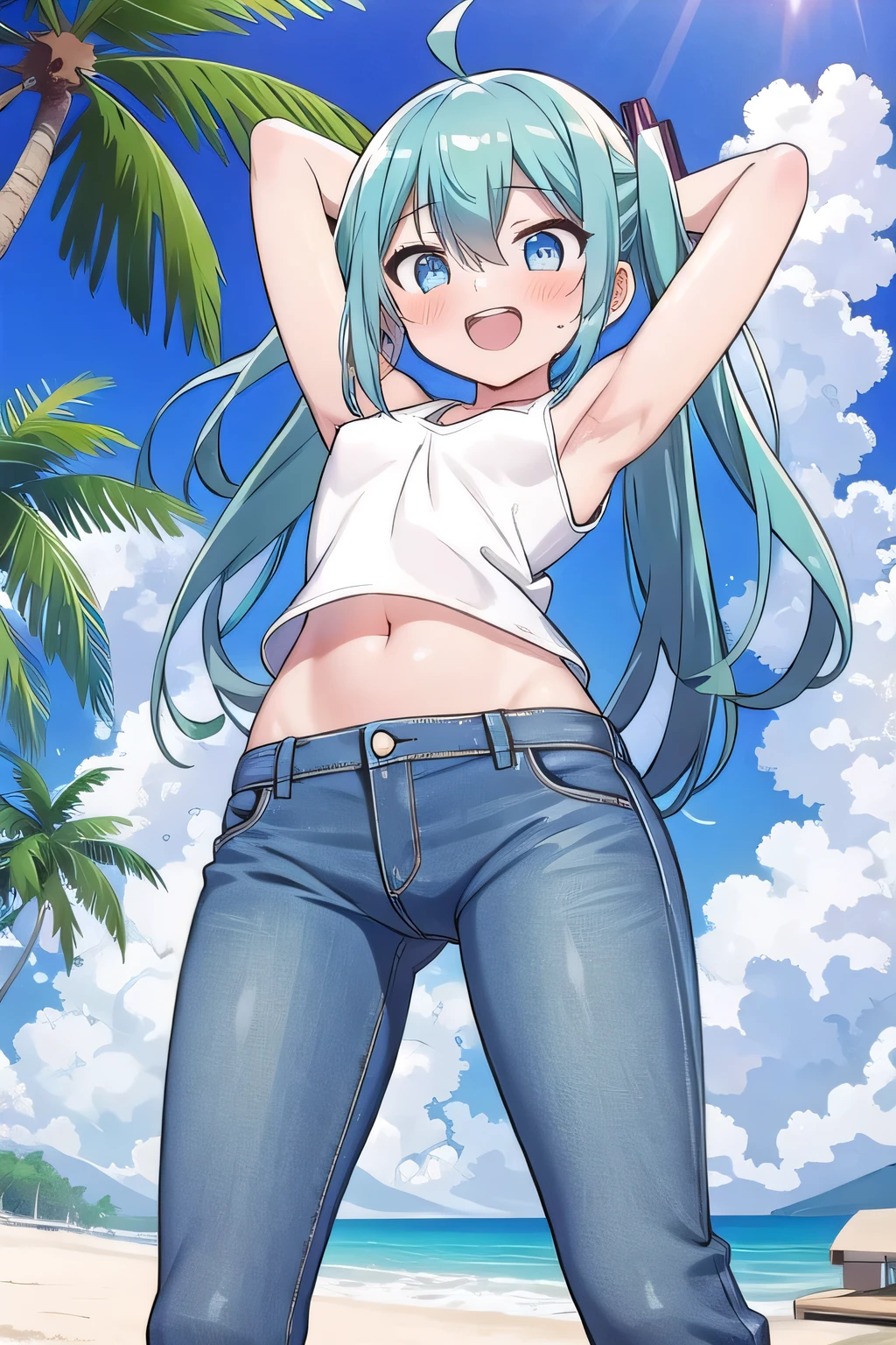 masterpiece,best quality,ultra detail, ((Perfect Face, Perfect Arms, Perfect hands, Perfect Fingers)), 1girl, , peti ((round face, ecstasy, orgasm face, drooping eyes, shame smiling, blush)), dropping eyes, sleepy, Open mouth, ((White teeth)), background((under the beach, (day:1.2), palm tree, bright sky)), miku hatsune, ahoge, aqua eyes, aqua hair, crossed bangs, hair between eyes, hair ornament, (long hair:1.4), ((arms behind head, hands behind head, fingers behind head)), ((contrapposto)), spread armpits, looking at viewer,, (white tank top:1.2), (white crop top:1.2), (jeans pants:1.2, flares jeans:1.2, skinny jeans:1.2, blue jeans:1.2), standing, (legs spread:1.4), sex pose, Sweaty crotch, Steam from the crotch, from below, whole body