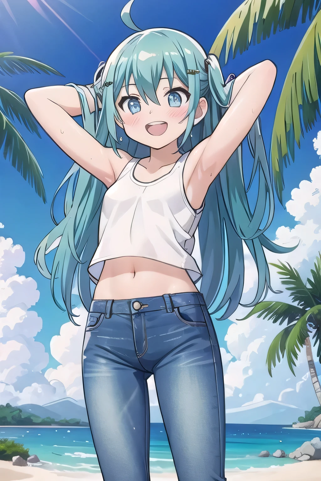 masterpiece,best quality,ultra detail, ((Perfect Face, Perfect Arms, Perfect hands, Perfect Fingers)), 1girl, , peti ((round face, ecstasy, orgasm face, drooping eyes, shame smiling, blush)), dropping eyes, sleepy, Open mouth, ((White teeth)), background((under the beach, (day:1.2), palm tree, bright sky)), miku hatsune, ahoge, aqua eyes, aqua hair, crossed bangs, hair between eyes, hair ornament, (long hair:1.4), ((arms behind head, hands behind head, fingers behind head)), ((contrapposto)), spread armpits, looking at viewer,, (white tank top:1.2), (white crop top:1.2), (jeans pants:1.2, flares jeans:1.2, skinny jeans:1.2, blue jeans:1.2), standing, (legs spread:1.4), sex pose, Sweaty crotch, Steam from the crotch, from below, whole body