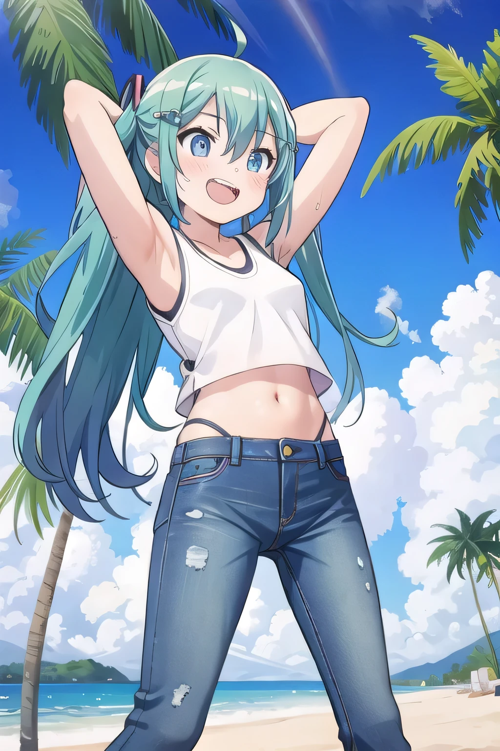 masterpiece,best quality,ultra detail, ((Perfect Face, Perfect Arms, Perfect hands, Perfect Fingers)), 1girl, , peti ((round face, ecstasy, orgasm face, drooping eyes, shame smiling, blush)), dropping eyes, sleepy, Open mouth, ((White teeth)), background((under the beach, (day:1.2), palm tree, bright sky)), miku hatsune, ahoge, aqua eyes, aqua hair, crossed bangs, hair between eyes, hair ornament, (long hair:1.4), ((arms behind head, hands behind head, fingers behind head)), ((contrapposto)), spread armpits, looking at viewer,, (white tank top:1.2), (white crop top:1.2), (jeans pants:1.2, flares jeans:1.2, skinny jeans:1.2, blue jeans:1.2), standing, (legs spread:1.4), sex pose, Sweaty crotch, Steam from the crotch, from below, whole body