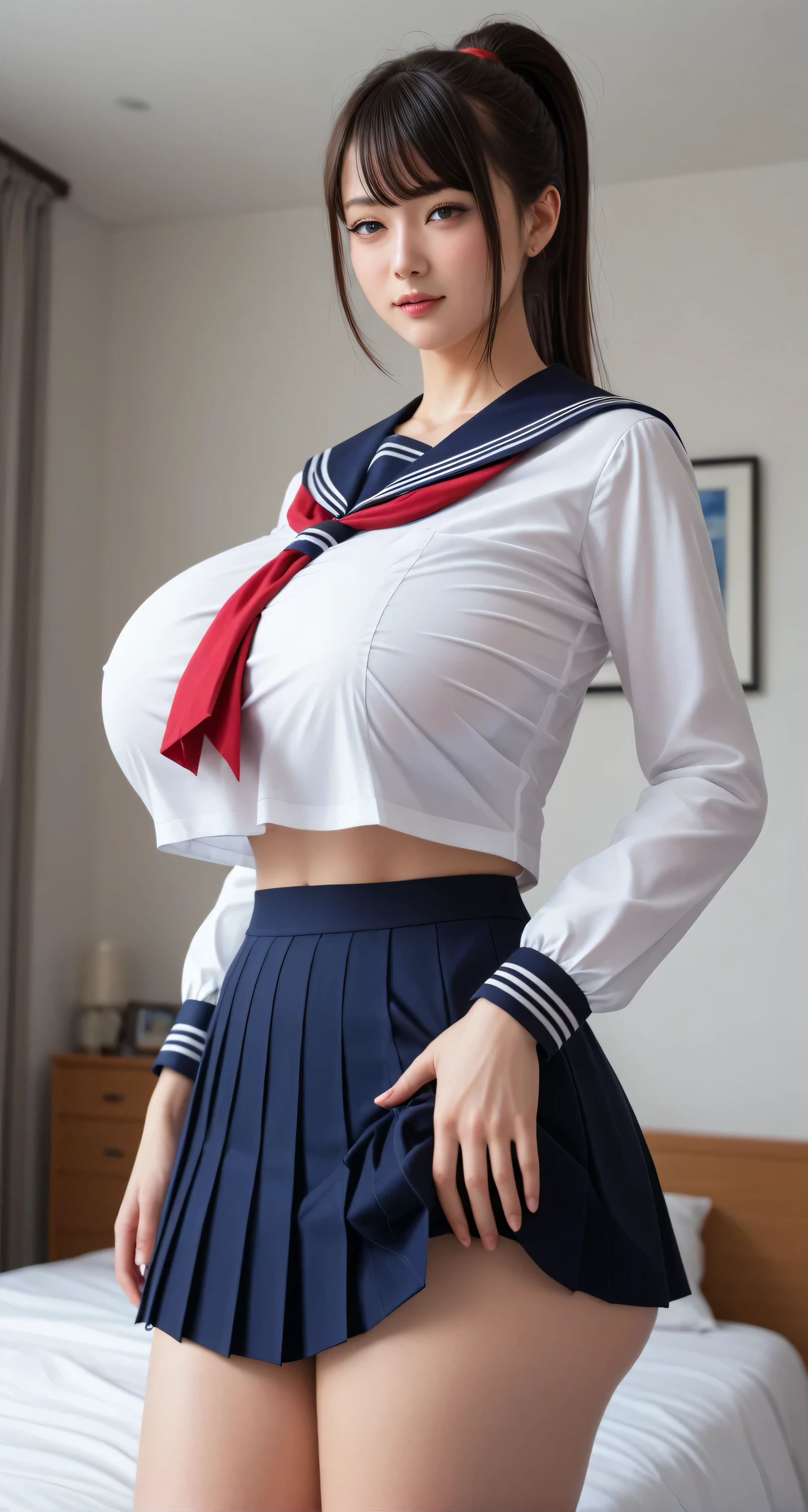  score_9,  score_8_up ,  score_7-Up ,  score6-up ,  scoreS  score4_up , Source: anime , tag1,  tag2, 最 high quality,  high quality,   Details,  high res, 8k, 超 high res,  Soft Saturation , Professional quality,   perfect contrast ,  perfect lighting,  anatomically accurate,  Perfect Face,  Perfect Face, perfect hair,  perfect eye,  perfect body, (((Impossibly large breasts:3.45))), Perfect Arms,  perfect skin,  beautiful skin,  hyperbrest, 幅広い腰,  Huge Butts , (((A woman with a sensual and obscene body))),  so embarrassing, obscene,  OK,  bedroom eyes break low angle, lie, breast、( high school sailor uniform)、(((The background is shooting a porn video in the bedroom)))、 ponytail