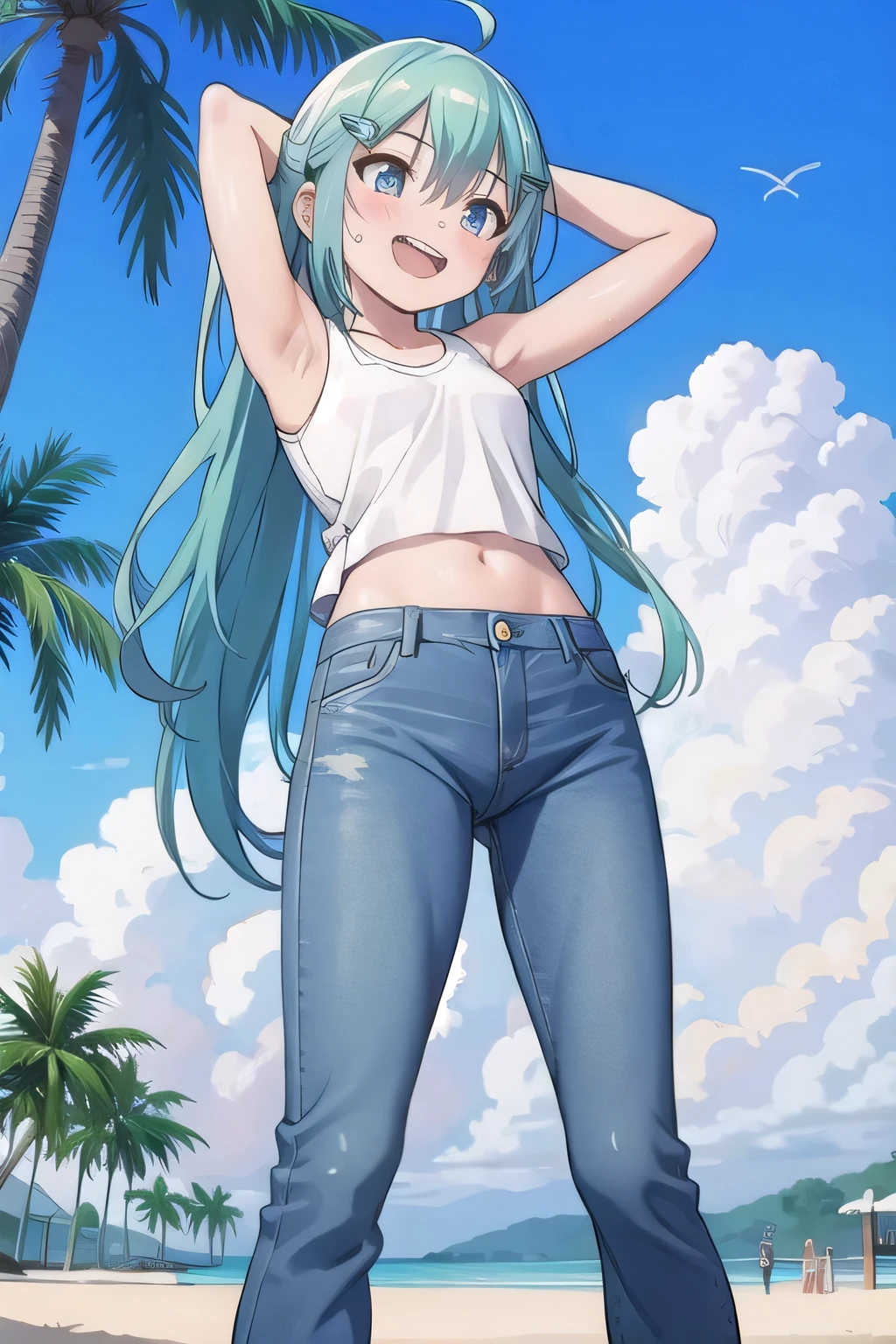 masterpiece,best quality,ultra detail, ((Perfect Face, Perfect Arms, Perfect hands, Perfect Fingers)), 1girl, , peti ((round face, ecstasy, orgasm face, drooping eyes, shame smiling, blush)), dropping eyes, sleepy, Open mouth, ((White teeth)), background((under the beach, (day:1.2), palm tree, bright sky)), miku hatsune, ahoge, aqua eyes, aqua hair, crossed bangs, hair between eyes, hair ornament, (long hair:1.4), ((arms behind head, hands behind head, fingers behind head)), ((contrapposto)), spread armpits, looking at viewer,, (white tank top:1.2), (white crop top:1.2), (jeans pants:1.2, flares jeans:1.2, skinny jeans:1.2, blue jeans:1.2), standing, (legs spread:1.4), sex pose, Sweaty crotch, Steam from the crotch, from below, whole body