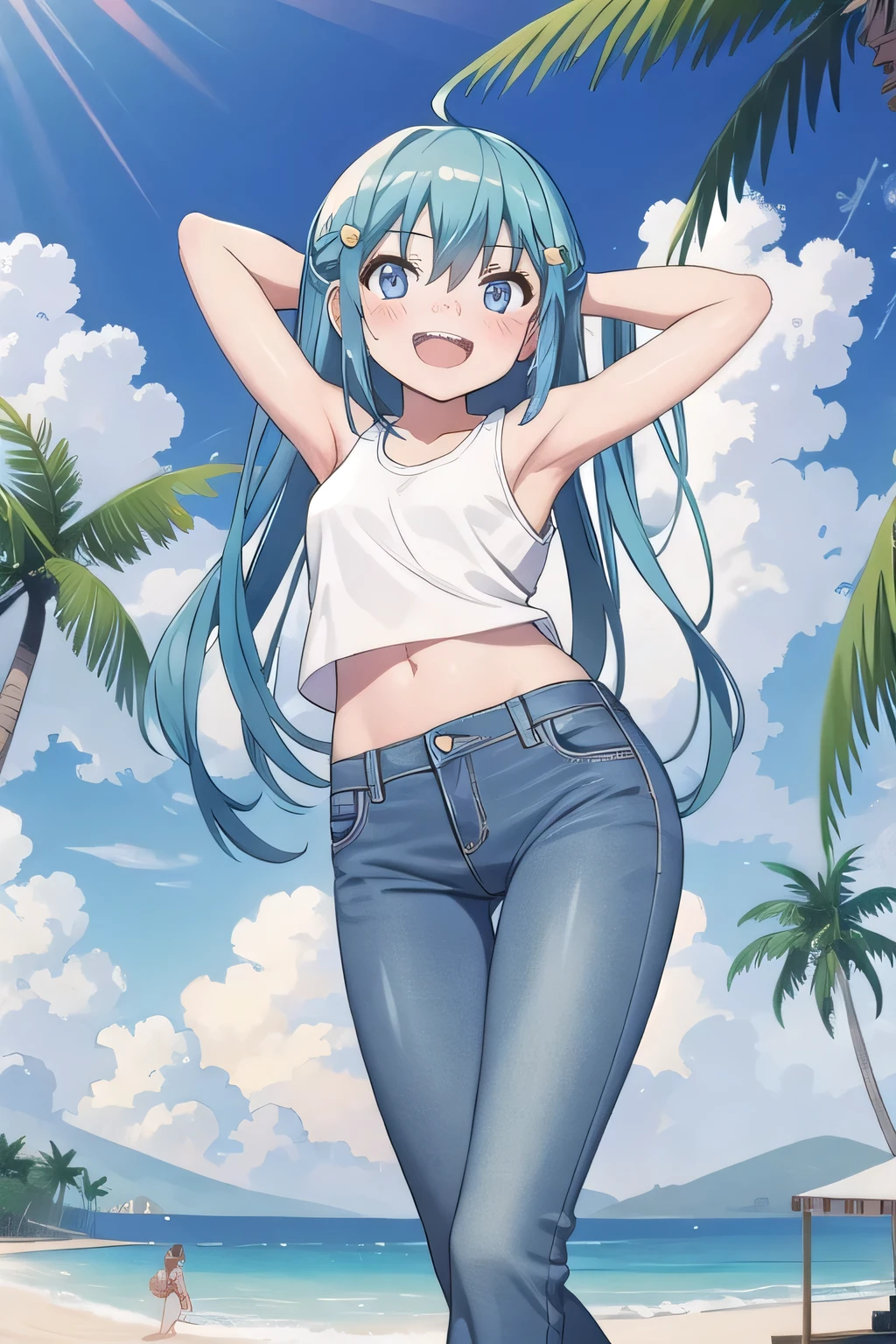masterpiece,best quality,ultra detail, ((Perfect Face, Perfect Arms, Perfect hands, Perfect Fingers)), 1girl, 14yo, petite, ((round face, ecstasy, orgasm face, drooping eyes, shame smiling, blush)), dropping eyes, sleepy, Open mouth, ((White teeth)), background((under the beach, (day:1.2), palm tree, bright sky)), miku hatsune, ahoge, aqua eyes, aqua hair, crossed bangs, hair between eyes, hair ornament, (long hair:1.4), ((arms behind head, hands behind head, fingers behind head)), ((contrapposto)), spread armpits, looking at viewer,, (white tank top:1.2), (white crop top:1.2), (jeans pants:1.2, flares jeans:1.2, skinny jeans:1.2, blue jeans:1.2), standing, (legs spread:1.4), sex pose, Sweaty crotch, Steam from the crotch, from below, full medium body