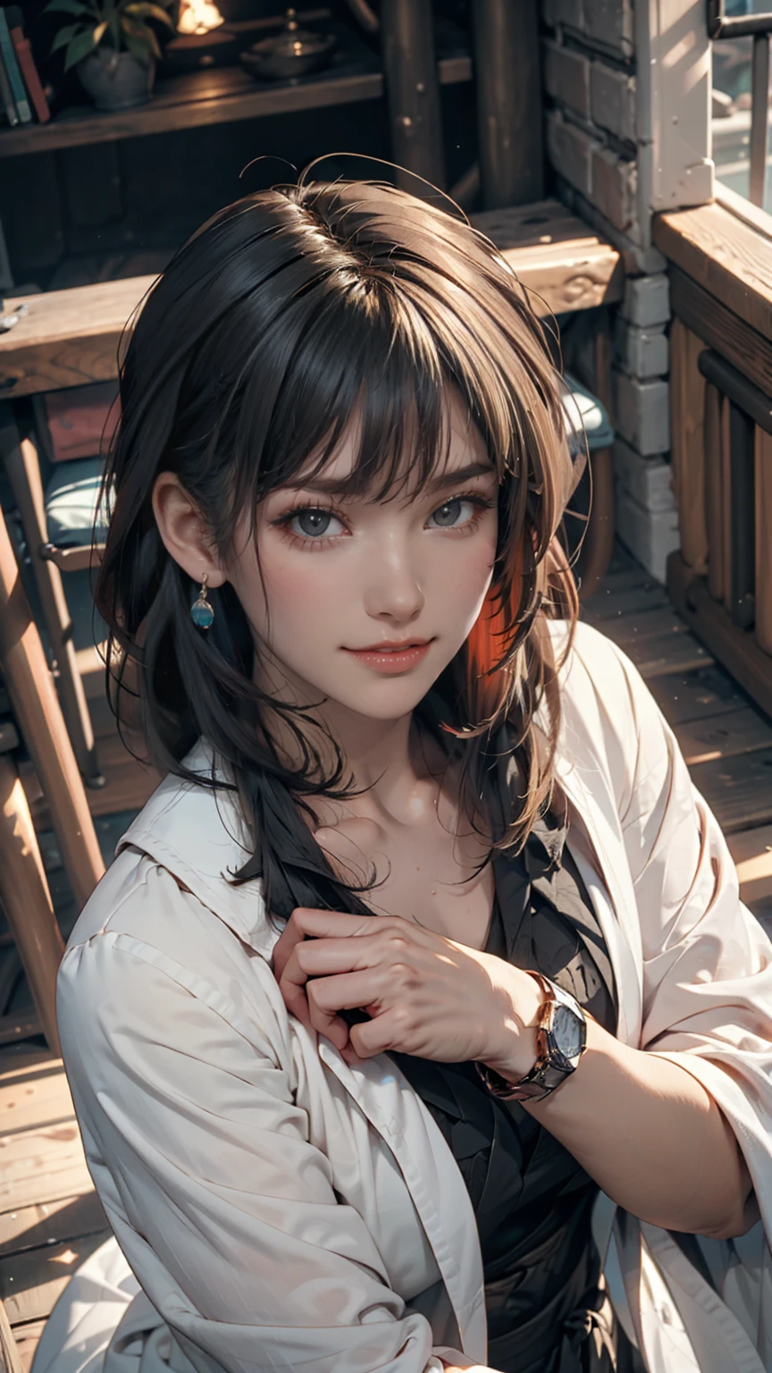 (Highest quality, masterpiece), One girl, beautiful girl, brown_eye, ((hair color [Silver hair], [前hairありのピクシーカット] hair)), Earrings, lips, Short sleeve,Realistic, Tight waist, Charm, Colorful Makeup, Long eyelashes, Fair skin, (cute), (Detailed Face), 詳細ed eye, Detailed iris, 
