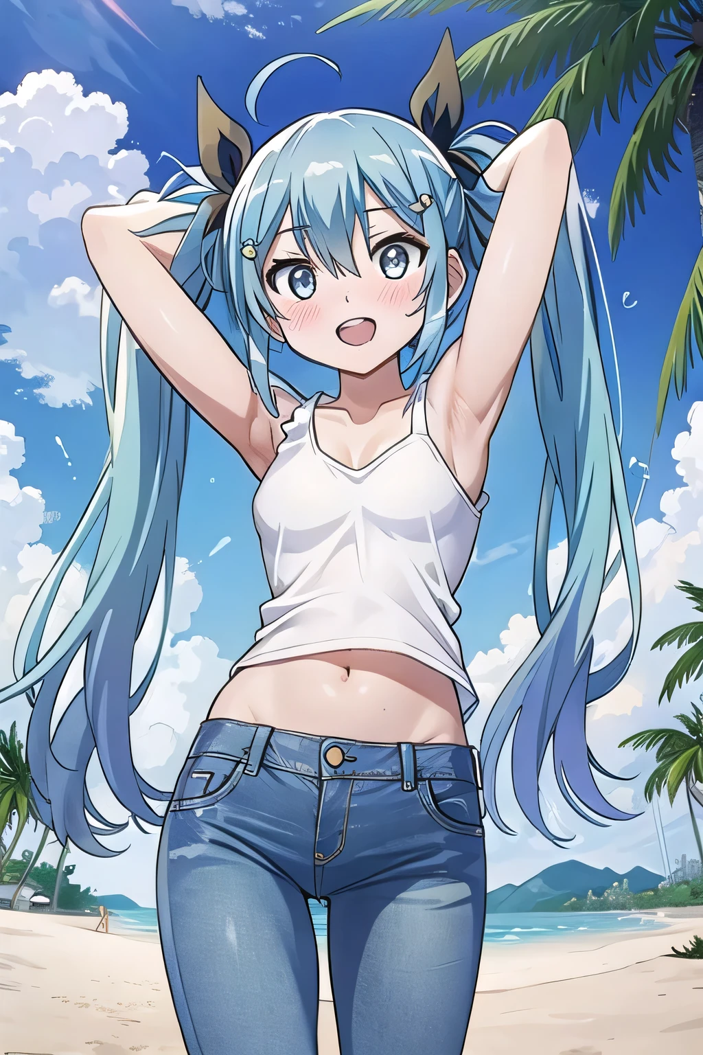 masterpiece,best quality,ultra detail, ((Perfect Face, Perfect Arms, Perfect hands, Perfect Fingers)), 1girl, 14yo, petite, ((round face, ecstasy, orgasm face, drooping eyes, shame smiling, blush)), dropping eyes, sleepy, Open mouth, ((White teeth)), background((under the beach, (day:1.2), palm tree, bright sky)), miku hatsune, ahoge, aqua eyes, aqua hair, crossed bangs, hair between eyes, hair ornament, (long hair:1.4), ((arms behind head, hands behind head, fingers behind head)), ((contrapposto)), spread armpits, looking at viewer,, (white tank top:1.2), (white crop top:1.2), (jeans pants:1.2, flares jeans:1.2, skinny jeans:1.2, blue jeans:1.2), standing, (legs spread:1.4), sex pose, Sweaty crotch, Steam from the crotch, from below, whole body