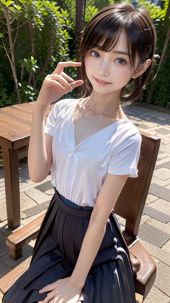 8k,masterpiece,Japanese,9-year-old girl,from the front,whole body,smile,Innocent face,Childish,Large Breasts,white buttoned sleeveless shirt,Very short skirt,Belly button,Flipping up the skirt yourself,semi-long,noon,bright,One cherry blossom