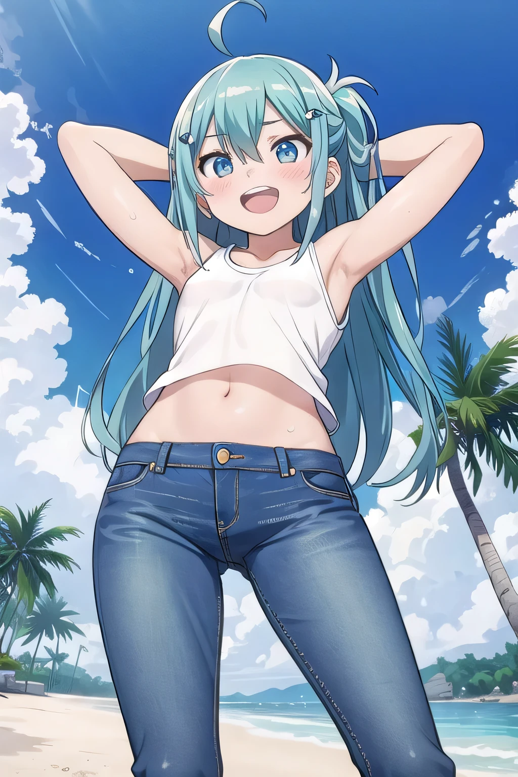 masterpiece,best quality,ultra detail, ((Perfect Face, Perfect Arms, Perfect hands, Perfect Fingers)), 1girl, , peti ((round face, ecstasy, orgasm face, drooping eyes, shame smiling, blush)), dropping eyes, sleepy, Open mouth, ((White teeth)), background((under the beach, (day:1.2), palm tree, bright sky)), miku hatsune, ahoge, aqua eyes, aqua hair, crossed bangs, hair between eyes, hair ornament, (long hair:1.4), ((arms behind head, hands behind head, fingers behind head)), ((contrapposto)), spread armpits, looking at viewer,, (white tank top:1.2), (white crop top:1.2), (jeans pants:1.2, flares jeans:1.2, skinny jeans:1.2, blue jeans:1.2), standing, (legs spread:1.4), sex pose, Sweaty crotch, Steam from the crotch, from below, whole body