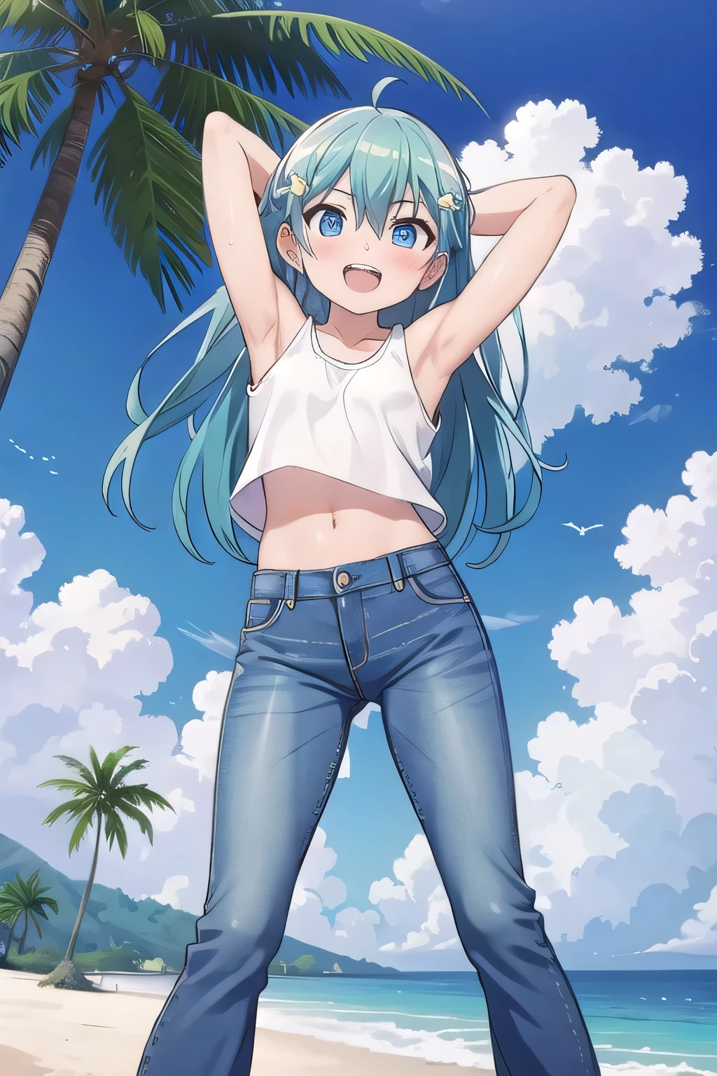 masterpiece,best quality,ultra detail, ((Perfect Face, Perfect Arms, Perfect hands, Perfect Fingers)), 1girl, , peti ((round face, ecstasy, orgasm face, drooping eyes, shame smiling, blush)), dropping eyes, sleepy, Open mouth, ((White teeth)), background((under the beach, (day:1.2), palm tree, bright sky)), miku hatsune, ahoge, aqua eyes, aqua hair, crossed bangs, hair between eyes, hair ornament, (long hair:1.4), ((arms behind head, hands behind head, fingers behind head)), ((contrapposto)), spread armpits, looking at viewer,, (white tank top:1.2), (white crop top:1.2), (jeans pants:1.2, flares jeans:1.2, skinny jeans:1.2, blue jeans:1.2), standing, (legs spread:1.4), sex pose, Sweaty crotch, Steam from the crotch, from below, whole body