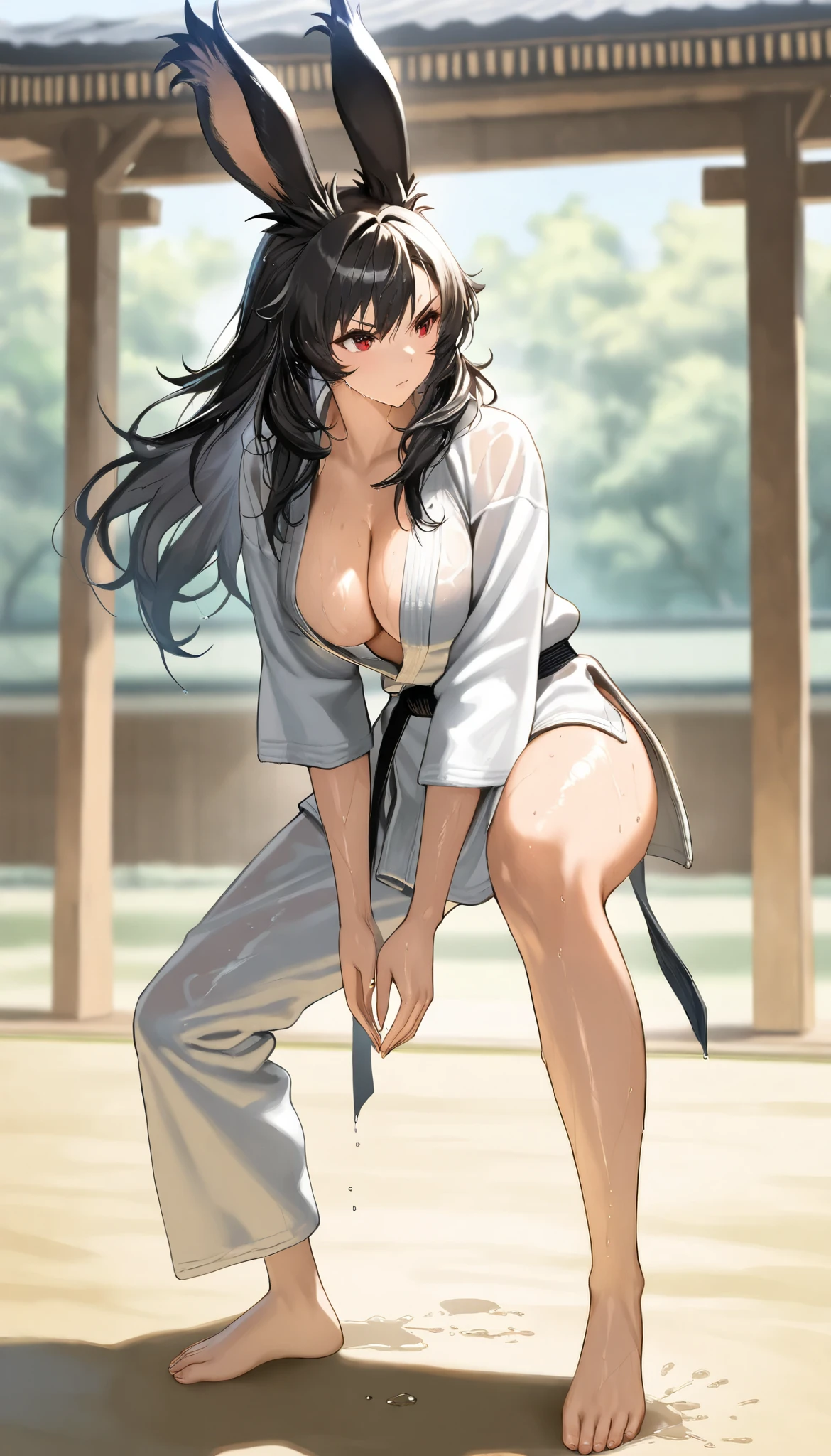 (((( masterpiece)))), (((( top quality)))), high res,fine grain, detailed face, very detailed facial depiction, fine eyes 、 detailed face、 detailed hair 、 Sparkling Skin 、sweat、viera, Karate , sexy Karate unform , (( barefoot)) , 、 action, well-defined breasts, full body shot , ((( Karate uniform with open front))、(((Empty-handed)))、( black hair)、()、( )、( wet hair)、(Passionate female karate )、( Intense Action ), (( sweats ))、( growing skin )、((serious))、(( blanking))、(((Karate Dojo)))、
