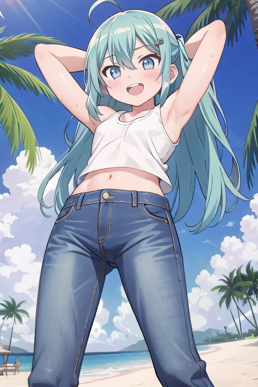 masterpiece,best quality,ultra detail, ((Perfect Face, Perfect Arms, Perfect hands, Perfect Fingers)), 1girl, , petite, ((round face, ecstasy, orgasm face, drooping eyes, shame smiling, blush)), dropping eyes, sleepy, Open mouth, ((White teeth)), background((under the beach, (day:1.2), palm tree, bright sky)), miku hatsune, ahoge, aqua eyes, aqua hair, crossed bangs, hair between eyes, hair ornament, (long hair:1.4), ((arms behind head, hands behind head, fingers behind head)), ((contrapposto)), spread armpits, looking at viewer,, (white tank top:1.2), (white crop top:1.2), (jeans pants:1.2, flares jeans:1.2, skinny jeans:1.2, blue jeans:1.2), standing, (legs spread:1.4), sex pose, Sweaty crotch, Steam from the crotch, from below, whole body