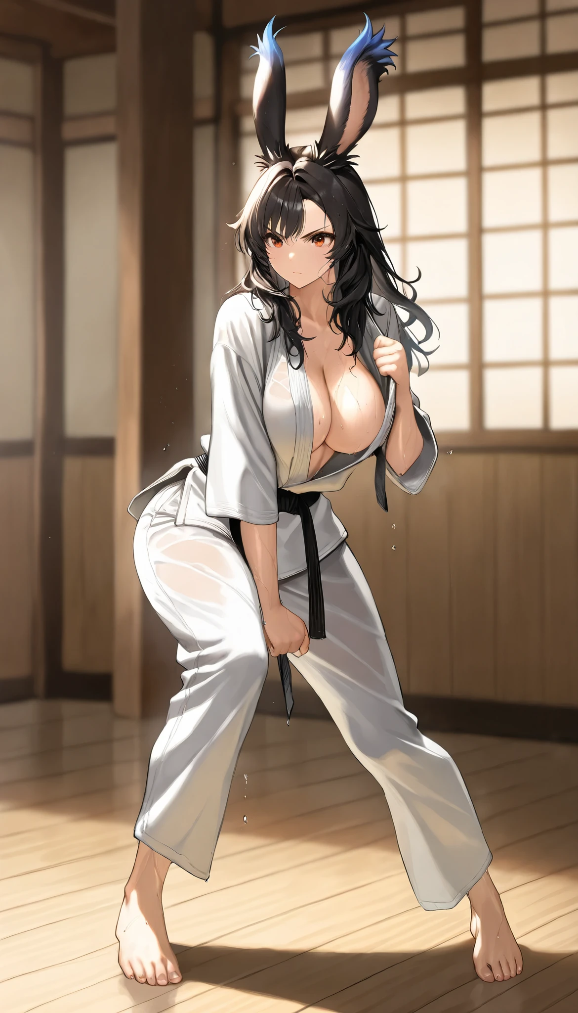 score_9,score_8_up,score_7_up, One person,Shouko Komi,Saliva vapor,Big Breasts,blush,Thick,Sweaty,Wet Skin,Steamed with steam,,Kung Fu,Kung Fuポーズ,Standing on one leg,Fighting Stance,Trembling legs,Wet Hair,Arena,Dirty clothes,,Bills on the nipples,Money in pussy,Long bill,