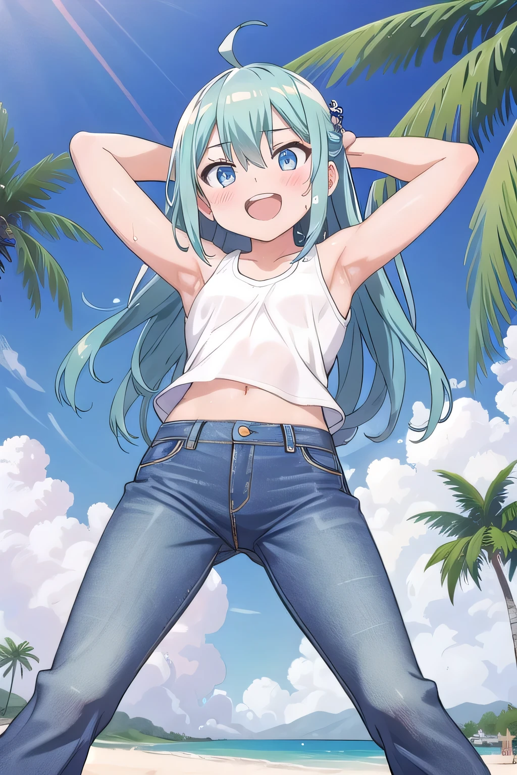 masterpiece,best quality,ultra detail, ((Perfect Face, Perfect Arms, Perfect hands, Perfect Fingers)), 1girl, , petite, ((round face, ecstasy, orgasm face, drooping eyes, shame smiling, blush)), dropping eyes, sleepy, Open mouth, ((White teeth)), background((under the beach, (day:1.2), palm tree, bright sky)), miku hatsune, ahoge, aqua eyes, aqua hair, crossed bangs, hair between eyes, hair ornament, (long hair:1.4), ((arms behind head, hands behind head, fingers behind head)), ((contrapposto)), spread armpits, looking at viewer,, (white tank top:1.2), (white crop top:1.2), (jeans pants:1.2, flares jeans:1.2, skinny jeans:1.2, blue jeans:1.2), standing, (legs spread:1.4), sex pose, Sweaty crotch, Steam from the crotch, from below, whole body