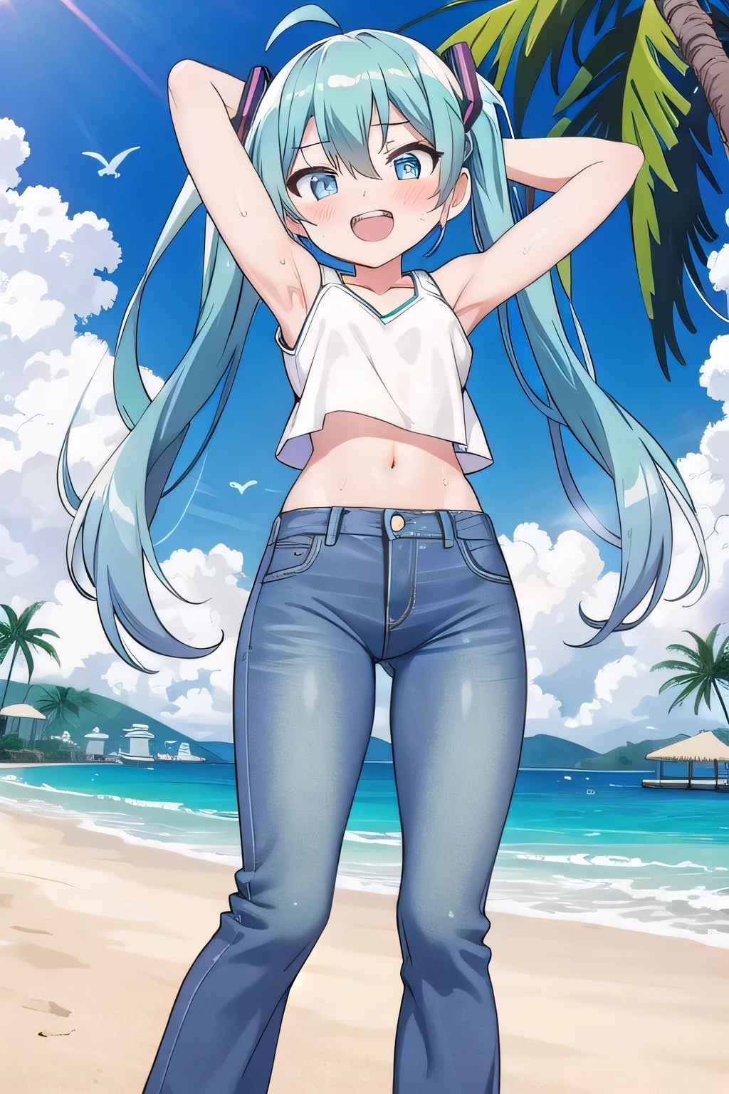 masterpiece,best quality,ultra detail, ((Perfect Face, Perfect Arms, Perfect hands, Perfect Fingers)), 1girl, , peti ((round face, ecstasy, orgasm face, drooping eyes, shame smiling, blush)), dropping eyes, sleepy, Open mouth, ((White teeth)), background((under the beach, (day:1.2), palm tree, bright sky)), miku hatsune, ahoge, aqua eyes, aqua hair, crossed bangs, hair between eyes, hair ornament, (long hair:1.4), ((arms behind head, hands behind head, fingers behind head)), ((contrapposto)), spread armpits, looking at viewer,, (white tank top:1.2), (white crop top:1.2), (jeans pants:1.2, flares jeans:1.2, skinny jeans:1.2, blue jeans:1.2), standing, (legs spread:1.4), sex pose, Sweaty crotch, Steam from the crotch, from below, whole body