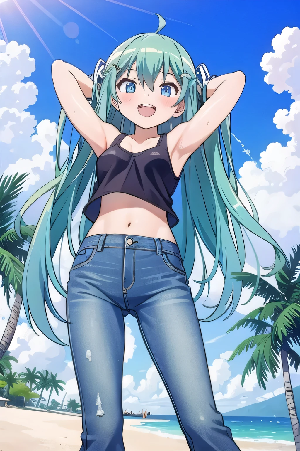 masterpiece,best quality,ultra detail, ((Perfect Face, Perfect Arms, Perfect hands, Perfect Fingers)), 1girl, , peti ((round face, ecstasy, orgasm face, drooping eyes, shame smiling, blush)), dropping eyes, sleepy, Open mouth, ((White teeth)), background((under the beach, (day:1.2), palm tree, bright sky)), miku hatsune, ahoge, aqua eyes, aqua hair, crossed bangs, hair between eyes, hair ornament, (long hair:1.4), ((arms behind head, hands behind head, fingers behind head)), ((contrapposto)), spread armpits, looking at viewer,, (white tank top:1.2), (white crop top:1.2), (jeans pants:1.2, flares jeans:1.2, skinny jeans:1.2, blue jeans:1.2), standing, (legs spread:1.4), sex pose, Sweaty crotch, Steam from the crotch, from below, whole body