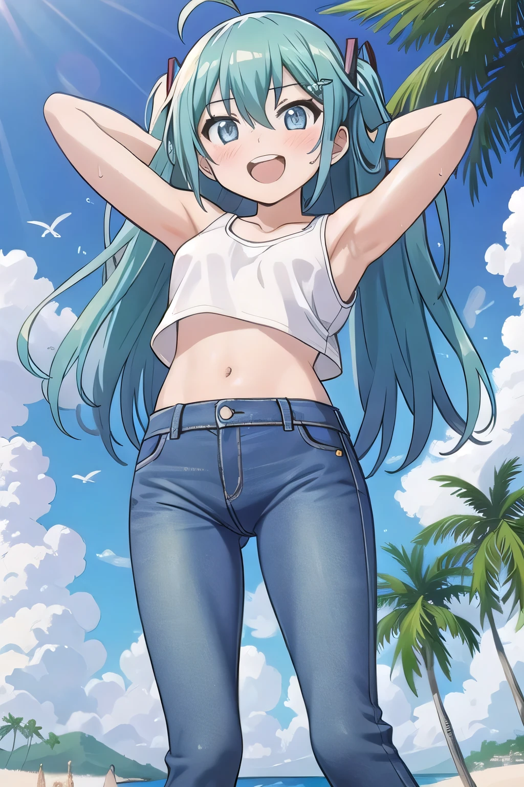 masterpiece,best quality,ultra detail, ((Perfect Face, Perfect Arms, Perfect hands, Perfect Fingers)), 1girl, , peti ((round face, ecstasy, orgasm face, drooping eyes, shame smiling, blush)), dropping eyes, sleepy, Open mouth, ((White teeth)), background((under the beach, (day:1.2), palm tree, bright sky)), miku hatsune, ahoge, aqua eyes, aqua hair, crossed bangs, hair between eyes, hair ornament, (long hair:1.4), ((arms behind head, hands behind head, fingers behind head)), ((contrapposto)), spread armpits, looking at viewer,, (white tank top:1.2), (white crop top:1.2), (jeans pants:1.2, flares jeans:1.2, skinny jeans:1.2, blue jeans:1.2), standing, (legs spread:1.4), sex pose, Sweaty crotch, Steam from the crotch, from below, whole body