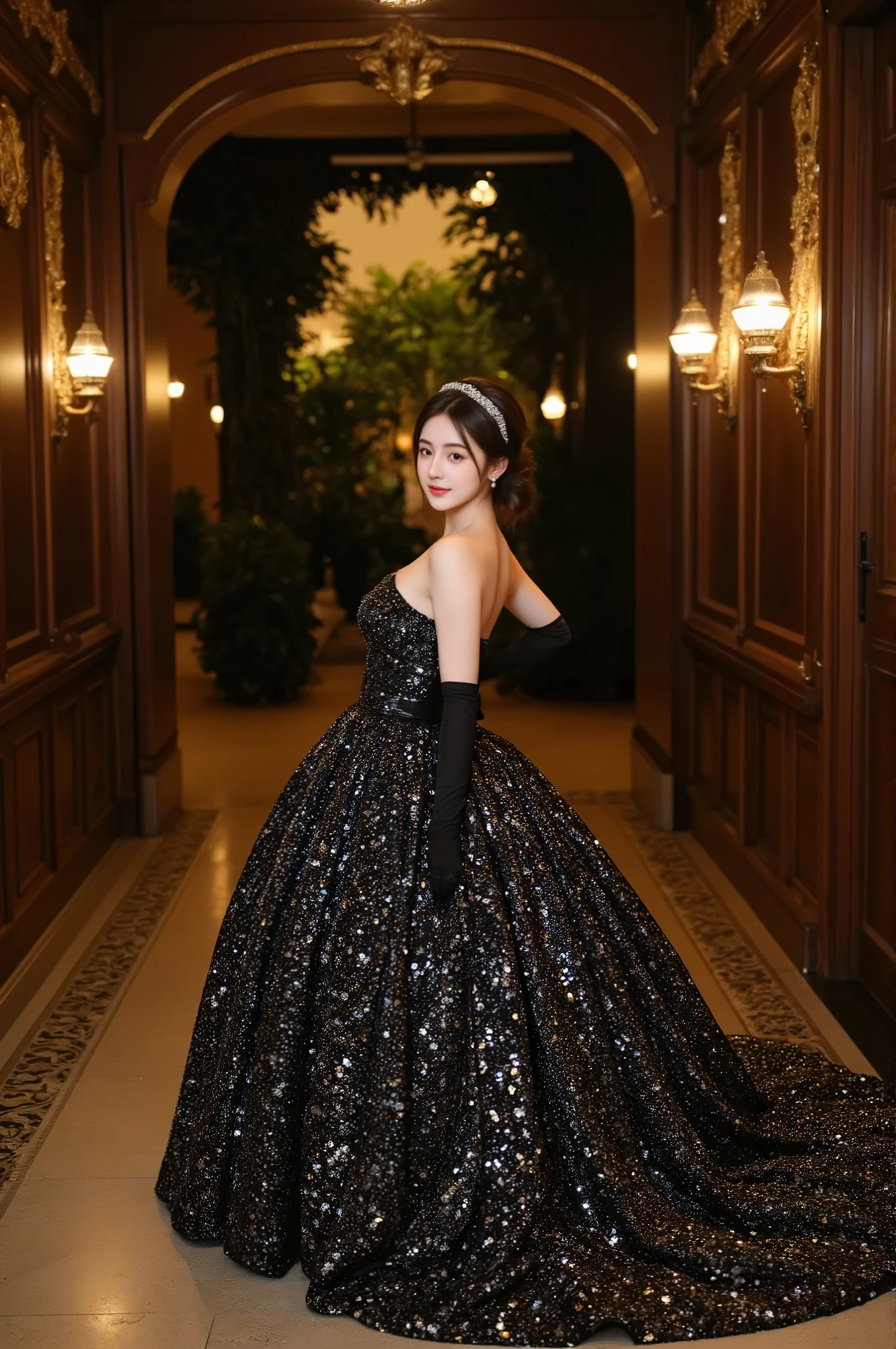 **"A glamorous woman wearing an elegant, sparkling black ball gown adorned with intricate sequins that reflect light beautifully. The dress is strapless, showcasing her shoulders, and features a voluminous, flowing skirt with a long train cascading behind her. She wears long black gloves that add a touch of sophistication. Her hairstyle is an elegant updo with soft waves, complemented by a delicate jeweled headband that matches the shimmering dress. She has a confident, graceful pose, slightly turned to look over her shoulder with a charming smile.
The background is a luxurious, vintage hallway with ornate wooden paneling and warm, ambient lighting from antique wall sconces. The floor is paved with decorative tiles, leading to an archway framed by lush greenery in the distance. The atmosphere exudes a timeless, fairytale-like elegance. The scene is illuminated by soft, golden lights that create a warm, enchanting glow, enhancing the sparkles on her dress. The overall composition is cinematic and majestic, capturing a moment of poised beauty and classic glamour."**