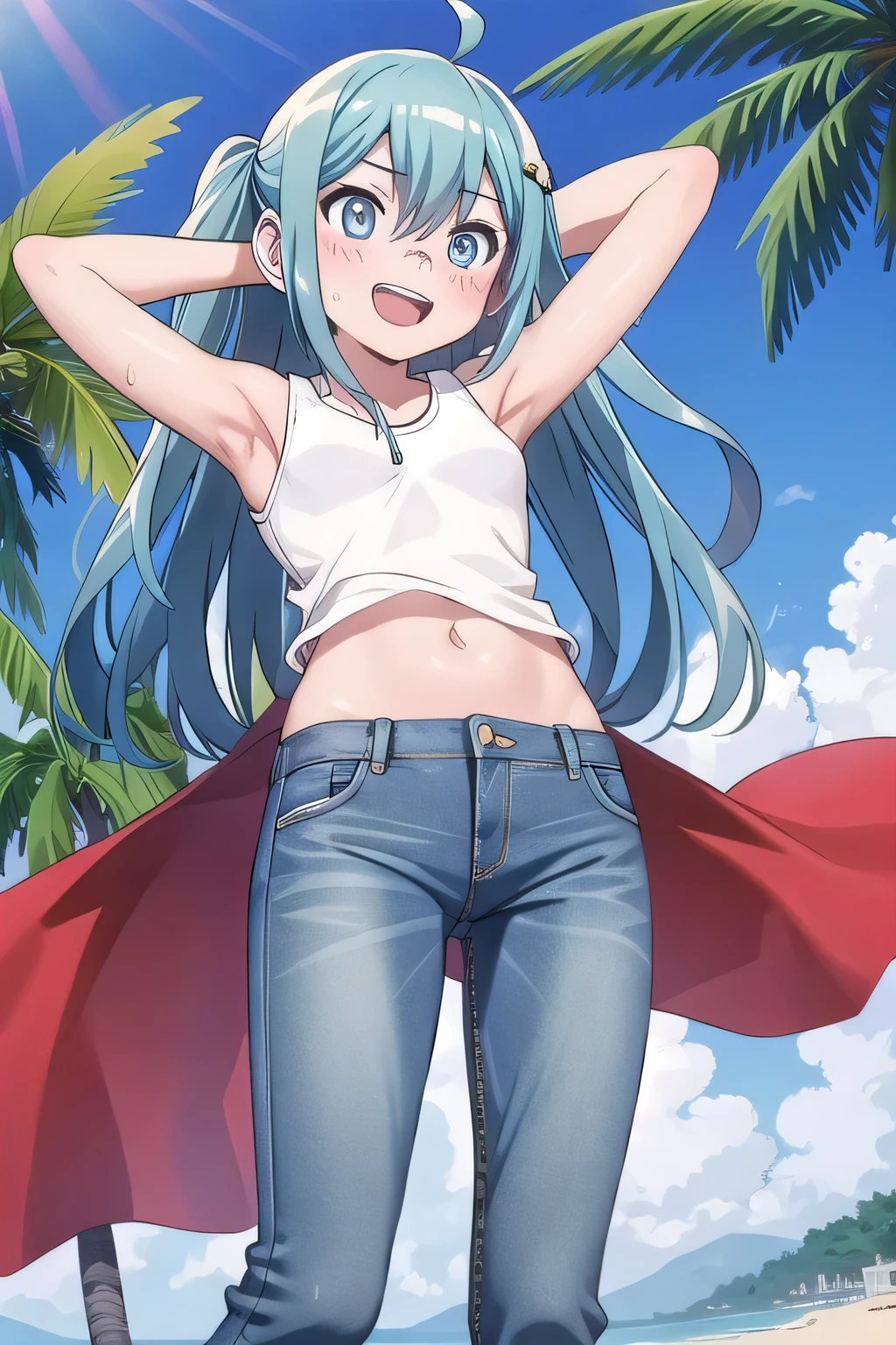masterpiece,best quality,ultra detail, ((Perfect Face, Perfect Arms, Perfect hands, Perfect Fingers)), 1girl, 14yo, petite, ((round face, ecstasy, orgasm face, drooping eyes, shame smiling, blush)), dropping eyes, sleepy, Open mouth, ((White teeth)), background((under the beach, (day:1.2), palm tree, bright sky)), miku hatsune, ahoge, aqua eyes, aqua hair, crossed bangs, hair between eyes, hair ornament, (long hair:1.4), ((arms behind head, hands behind head, fingers behind head)), ((contrapposto)), spread armpits, looking at viewer,, (white tank top:1.2), (white crop top:1.2), (jeans pants:1.2, flares jeans:1.2, skinny jeans:1.2, blue jeans:1.2), standing, (legs spread:1.4), sex pose, Sweaty crotch, Steam from the crotch, from below, full medium body