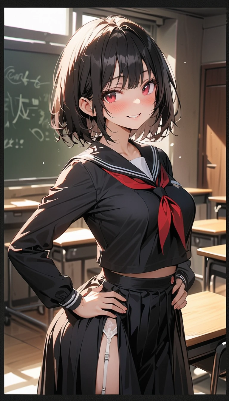 1girl, short hair, bob haircut, parted lips, blush, makeup, provoking, navel, underboob, sitting, school uniform, classroom, school bag, light rays, glow, thighs, collarbone, narrow waist, (masterpiece), wallpaper,