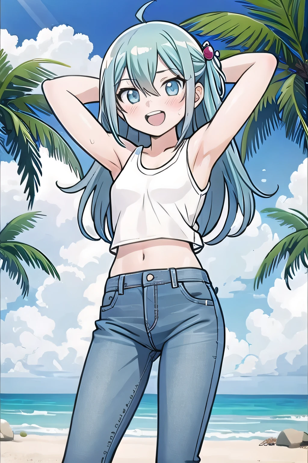 masterpiece,best quality,ultra detail, ((Perfect Face, Perfect Arms, Perfect hands, Perfect Fingers)), 1girl, , peti ((round face, ecstasy, orgasm face, drooping eyes, shame smiling, blush)), dropping eyes, sleepy, Open mouth, ((White teeth)), background((under the beach, (day:1.2), palm tree, bright sky)), miku hatsune, ahoge, aqua eyes, aqua hair, crossed bangs, hair between eyes, hair ornament, (long hair:1.4), ((arms behind head, hands behind head, fingers behind head)), ((contrapposto)), spread armpits, looking at viewer,, (white tank top:1.2), (white crop top:1.2), (jeans pants:1.2, flares jeans:1.2, skinny jeans:1.2, blue jeans:1.2), standing, (legs spread:1.4), sex pose, Sweaty crotch, Steam from the crotch, from below, whole body