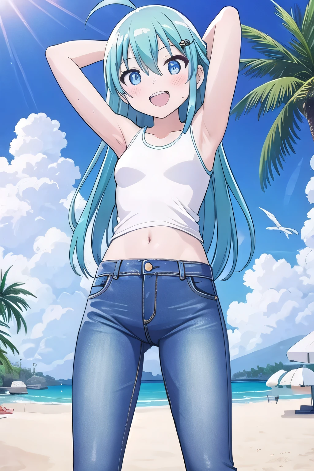 masterpiece,best quality,ultra detail, ((Perfect Face, Perfect Arms, Perfect hands, Perfect Fingers)), 1girl, , peti ((round face, ecstasy, orgasm face, drooping eyes, shame smiling, blush)), dropping eyes, sleepy, Open mouth, ((White teeth)), background((under the beach, (day:1.2), palm tree, bright sky)), miku hatsune, ahoge, aqua eyes, aqua hair, crossed bangs, hair between eyes, hair ornament, (long hair:1.4), ((arms behind head, hands behind head, fingers behind head)), ((contrapposto)), spread armpits, looking at viewer,, (white tank top:1.2), (white crop top:1.2), (jeans pants:1.2, flares jeans:1.2, skinny jeans:1.2, blue jeans:1.2), standing, (legs spread:1.4), sex pose, Sweaty crotch, Steam from the crotch, from below, whole body