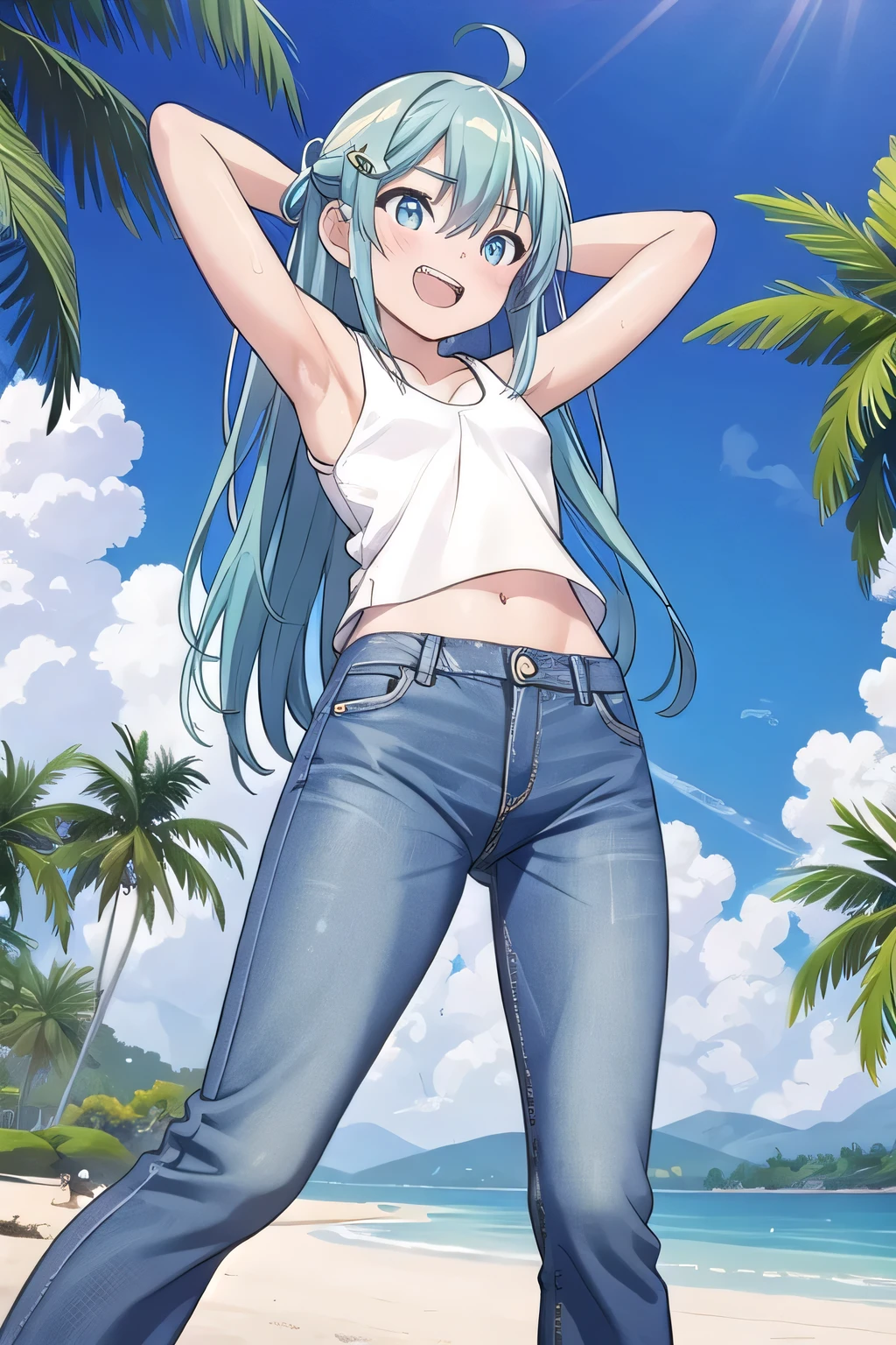 masterpiece,best quality,ultra detail, ((Perfect Face, Perfect Arms, Perfect hands, Perfect Fingers)), 1girl, , peti ((round face, ecstasy, orgasm face, drooping eyes, shame smiling, blush)), dropping eyes, sleepy, Open mouth, ((White teeth)), background((under the beach, (day:1.2), palm tree, bright sky)), miku hatsune, ahoge, aqua eyes, aqua hair, crossed bangs, hair between eyes, hair ornament, (long hair:1.4), ((arms behind head, hands behind head, fingers behind head)), ((contrapposto)), spread armpits, looking at viewer,, (white tank top:1.2), (white crop top:1.2), (jeans pants:1.2, flares jeans:1.2, skinny jeans:1.2, blue jeans:1.2), standing, (legs spread:1.4), sex pose, Sweaty crotch, Steam from the crotch, from below, whole body