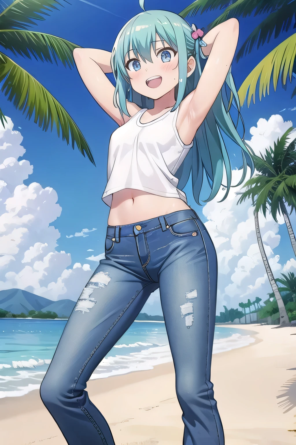 masterpiece,best quality,ultra detail, ((Perfect Face, Perfect Arms, Perfect hands, Perfect Fingers)), 1girl, , peti ((round face, ecstasy, orgasm face, drooping eyes, shame smiling, blush)), dropping eyes, sleepy, Open mouth, ((White teeth)), background((under the beach, (day:1.2), palm tree, bright sky)), miku hatsune, ahoge, aqua eyes, aqua hair, crossed bangs, hair between eyes, hair ornament, (long hair:1.4), ((arms behind head, hands behind head, fingers behind head)), ((contrapposto)), spread armpits, looking at viewer,, (white tank top:1.2), (white crop top:1.2), (jeans pants:1.2, flares jeans:1.2, skinny jeans:1.2, blue jeans:1.2), standing, (legs spread:1.4), sex pose, Sweaty crotch, Steam from the crotch, from below, whole body