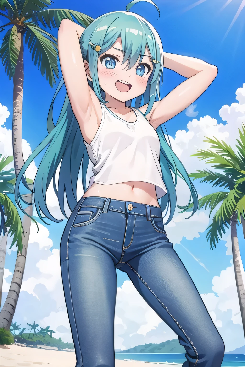 masterpiece,best quality,ultra detail, ((Perfect Face, Perfect Arms, Perfect hands, Perfect Fingers)), 1girl, , peti ((round face, ecstasy, orgasm face, drooping eyes, shame smiling, blush)), dropping eyes, sleepy, Open mouth, ((White teeth)), background((under the beach, (day:1.2), palm tree, bright sky)), miku hatsune, ahoge, aqua eyes, aqua hair, crossed bangs, hair between eyes, hair ornament, (long hair:1.4), ((arms behind head, hands behind head, fingers behind head)), ((contrapposto)), spread armpits, looking at viewer,, (white tank top:1.2), (white crop top:1.2), (jeans pants:1.2, flares jeans:1.2, skinny jeans:1.2, blue jeans:1.2), standing, (legs spread:1.4), sex pose, Sweaty crotch, Steam from the crotch, from below, whole body
