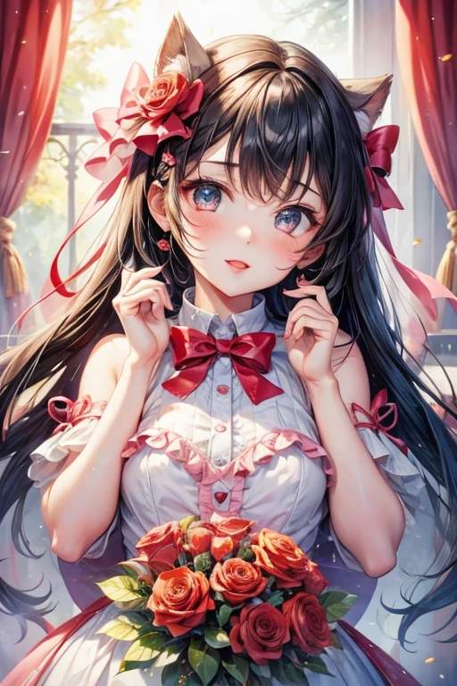 a close up of a (horned demon girl) smiling, wearing a lace cloth dress, black hair, red smokey eyes makeup, (hair bow), dramatic magic floating pose,