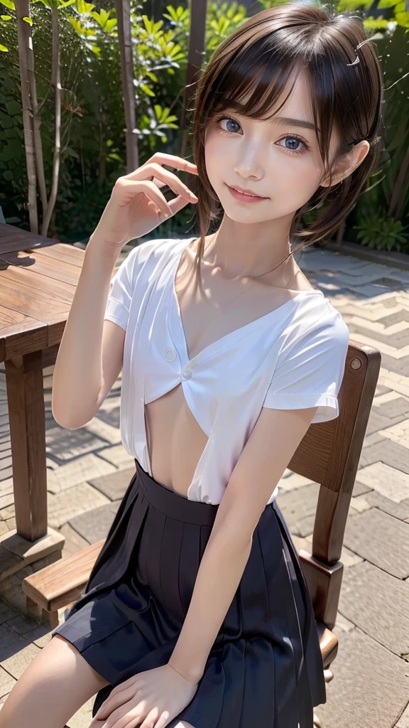 Simple background, very young Japanese high school student, photorealistic, natural skin texture, no makeup, , string bikini, short-sleeved white dress shirt, dark blue skirt