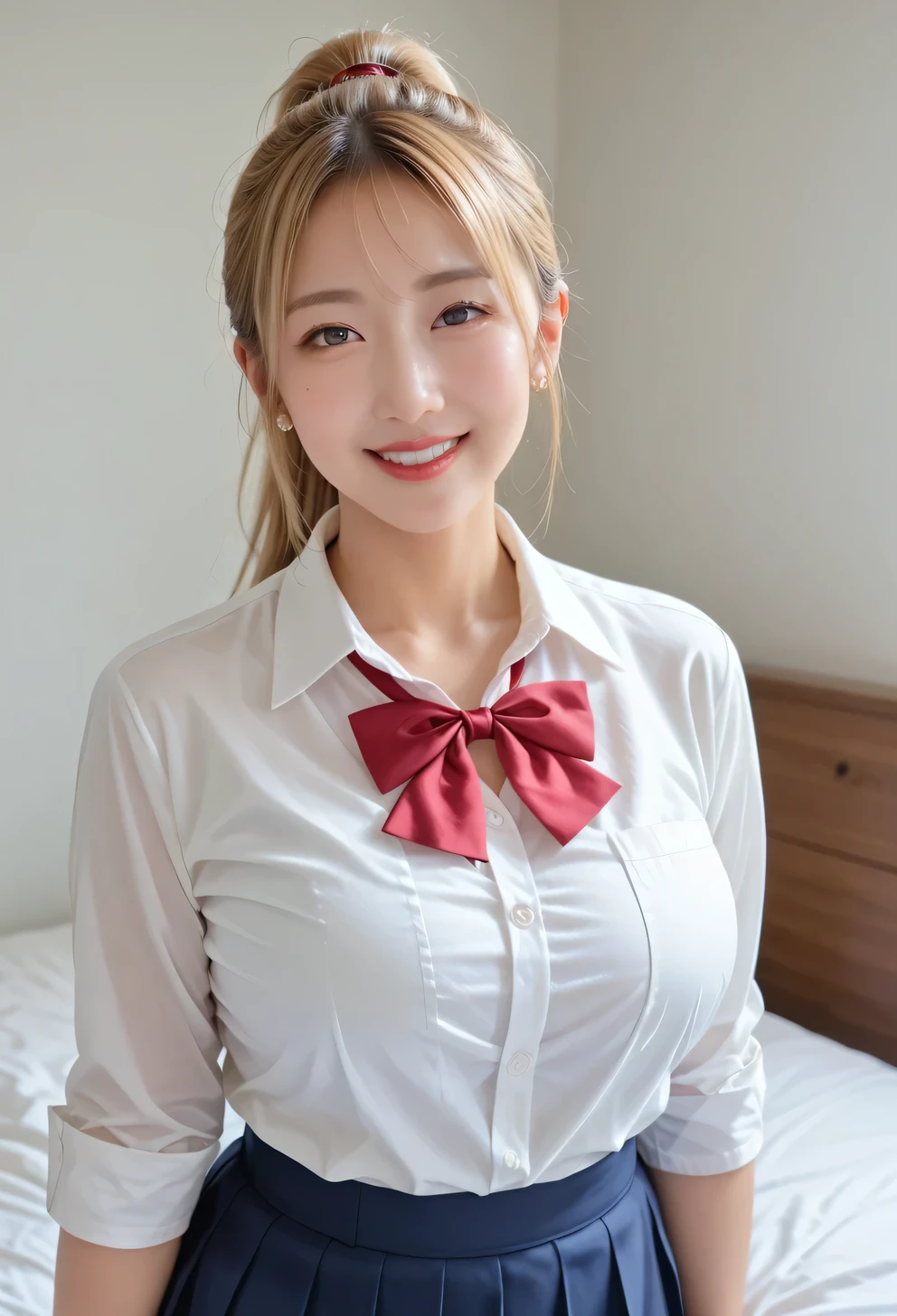 Genuine, nsfw,  high resolution image ,  Masterpiece,  top quality ,  high quality ,  highly detailed ,  More Information,  sharp details,  sharp concentration,  professional lighting ,  alone,  girl,   Mature Japanese Woman ,20 years old, Up to , (( blonde hair,High ponytail)), ((  tanned skin :1.3)),active,  boyish woman ,  glamour,  Bitch, small head, Small face,beautiful detailed face, ( Seductive Smile ) ,(( school uniform, red ribbon, miniskirt)), ((Big Breasts:1.4)),  front view,  Viewer,  perfect hand,  perfect anatomy,(( standing in front of the bed))