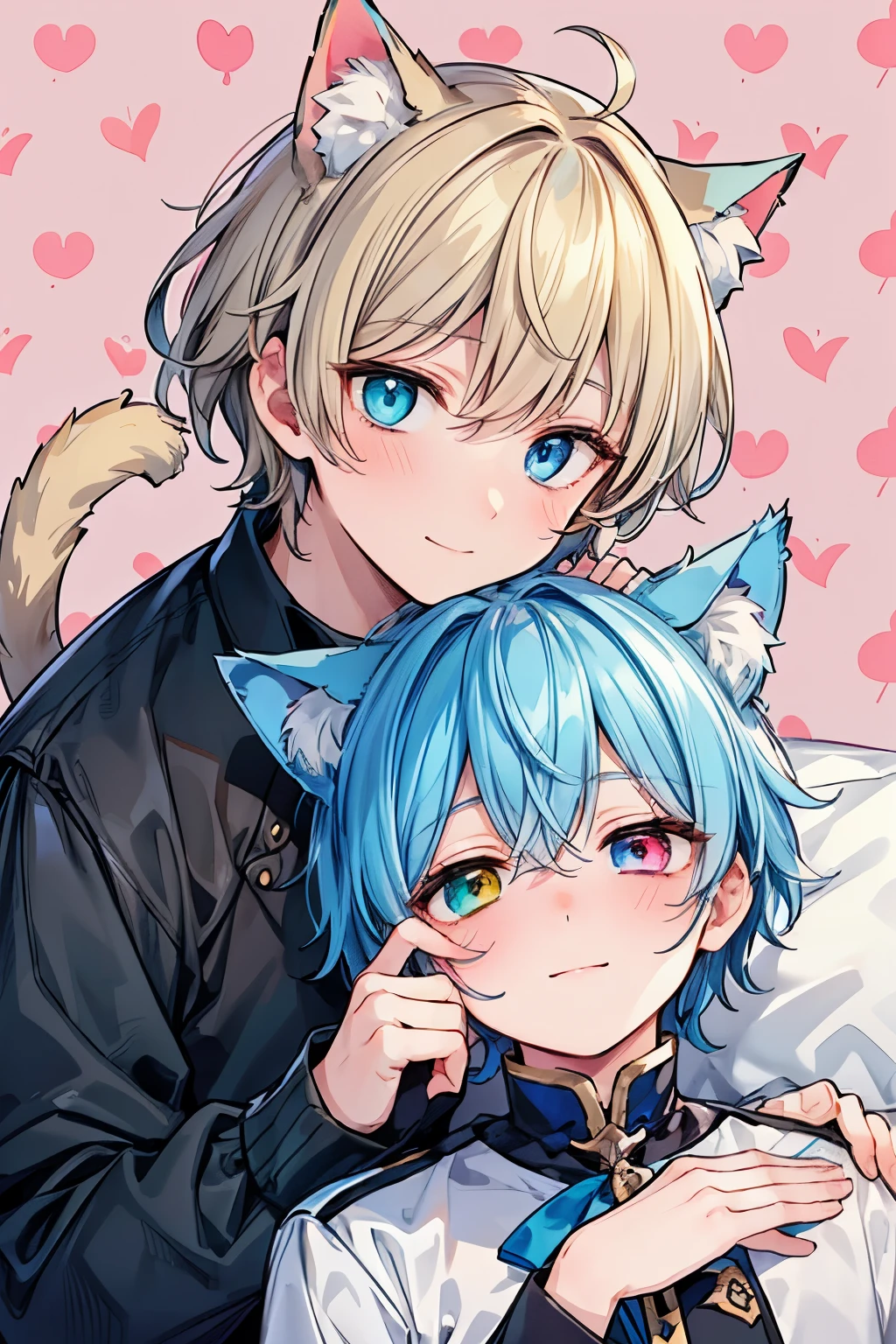 Delicate style,Delicate hook lines,delicate skin,fine hair,hairy的尾巴,exquisite eyes,blue eyes,Topless,short shorts,leg rings,collar,Covered in white slime,Handsome,Lovely,Cat style,Shota,blue pupils,Two teenage males in love,a white fur,white cat ears,hairy,blue eyes,sin pantalon,One light blue floppy ear,Blue eyes and blue fur,Topless,紧身short shorts,leg rings,collar,lie down,shy,open mouth,mouth full of mucus,Have abdominal muscles,shy,There are two male teenagers hugging each other on the bed,Pants bulge slightly,exposed belly,Mouth open and panting,barefoot,bright sunshine