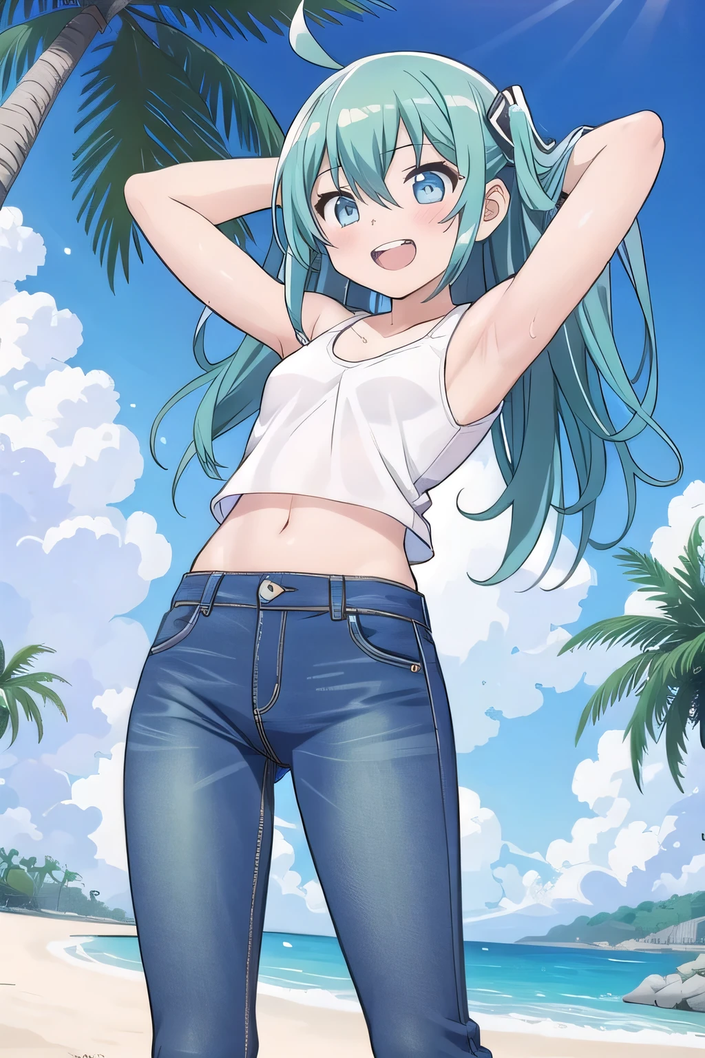 masterpiece,best quality,ultra detail, ((Perfect Face, Perfect Arms, Perfect hands, Perfect Fingers)), 1girl, , peti ((round face, ecstasy, orgasm face, drooping eyes, shame smiling, blush)), dropping eyes, sleepy, Open mouth, ((White teeth)), background((under the beach, (day:1.2), palm tree, bright sky)), miku hatsune, ahoge, aqua eyes, aqua hair, crossed bangs, hair between eyes, hair ornament, (long hair:1.4), ((arms behind head, hands behind head, fingers behind head)), ((contrapposto)), spread armpits, looking at viewer,, (white tank top:1.2), (white crop top:1.2), (jeans pants:1.2, flares jeans:1.2, skinny jeans:1.2, blue jeans:1.2), standing, (legs spread:1.4), sex pose, Sweaty crotch, Steam from the crotch, from below, whole body