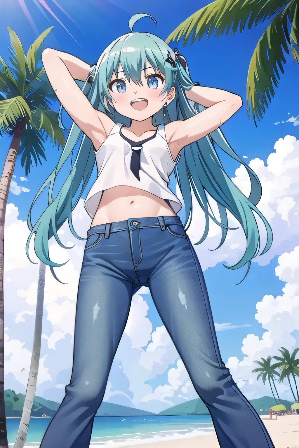 masterpiece,best quality,ultra detail, ((Perfect Face, Perfect Arms, Perfect hands, Perfect Fingers)), 1girl, , peti ((round face, ecstasy, orgasm face, drooping eyes, shame smiling, blush)), dropping eyes, sleepy, Open mouth, ((White teeth)), background((under the beach, (day:1.2), palm tree, bright sky)), miku hatsune, ahoge, aqua eyes, aqua hair, crossed bangs, hair between eyes, hair ornament, (long hair:1.4), ((arms behind head, hands behind head, fingers behind head)), ((contrapposto)), spread armpits, looking at viewer,, (white tank top:1.2), (white crop top:1.2), (jeans pants:1.2, flares jeans:1.2, skinny jeans:1.2, blue jeans:1.2), standing, (legs spread:1.4), sex pose, Sweaty crotch, Steam from the crotch, from below, whole body
