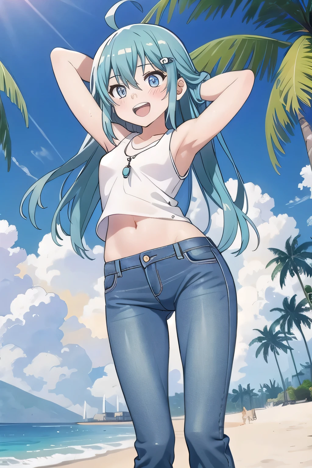 masterpiece,best quality,ultra detail, ((Perfect Face, Perfect Arms, Perfect hands, Perfect Fingers)), 1girl, 14yo, petite, ((round face, ecstasy, orgasm face, drooping eyes, shame smiling, blush)), dropping eyes, sleepy, Open mouth, ((White teeth)), background((under the beach, (day:1.2), palm tree, bright sky)), miku hatsune, ahoge, aqua eyes, aqua hair, crossed bangs, hair between eyes, hair ornament, (long hair:1.4), ((arms behind head, hands behind head, fingers behind head)), ((contrapposto)), spread armpits, looking at viewer,, (white tank top:1.2), (white crop top:1.2), (jeans pants:1.2, flares jeans:1.2, skinny jeans:1.2, blue jeans:1.2), standing, (legs spread:1.4), sex pose, Sweaty crotch, Steam from the crotch, from below, full medium body