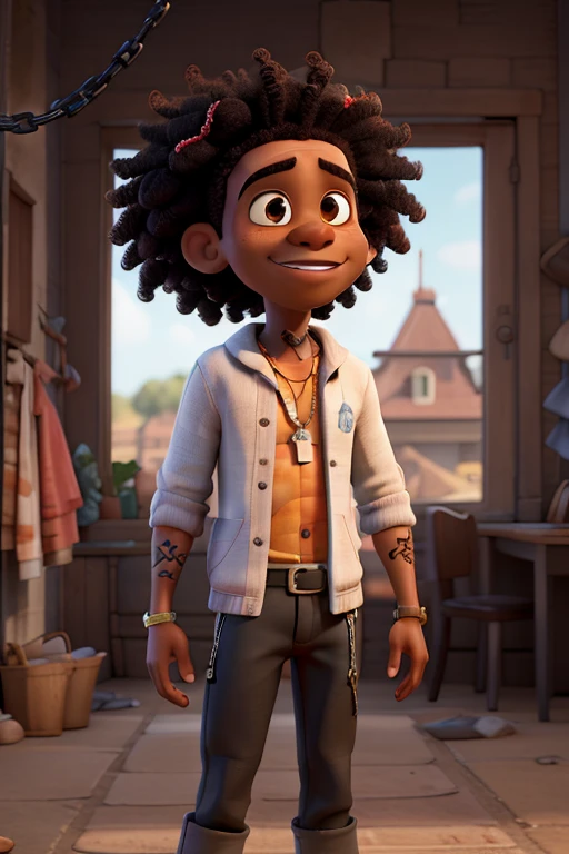 (a small chest:1.3),(Obra maestra, mejor calidad:1.4), (On the cover of the song there is a sad young man with short, curly afro hair and dark skin and in the background an apocalyptic world.